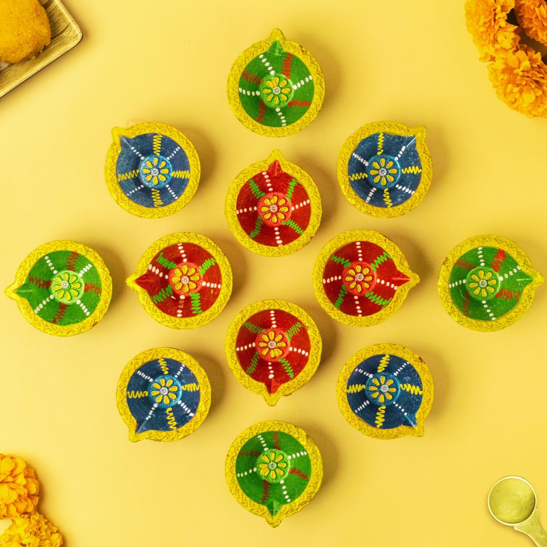 Letz Celebrate Clay Diyas Pack of 12 with 1 Diwali Toran, Design 3, DW24_D2P12, Ideal for Diwali Decorations and Pooja