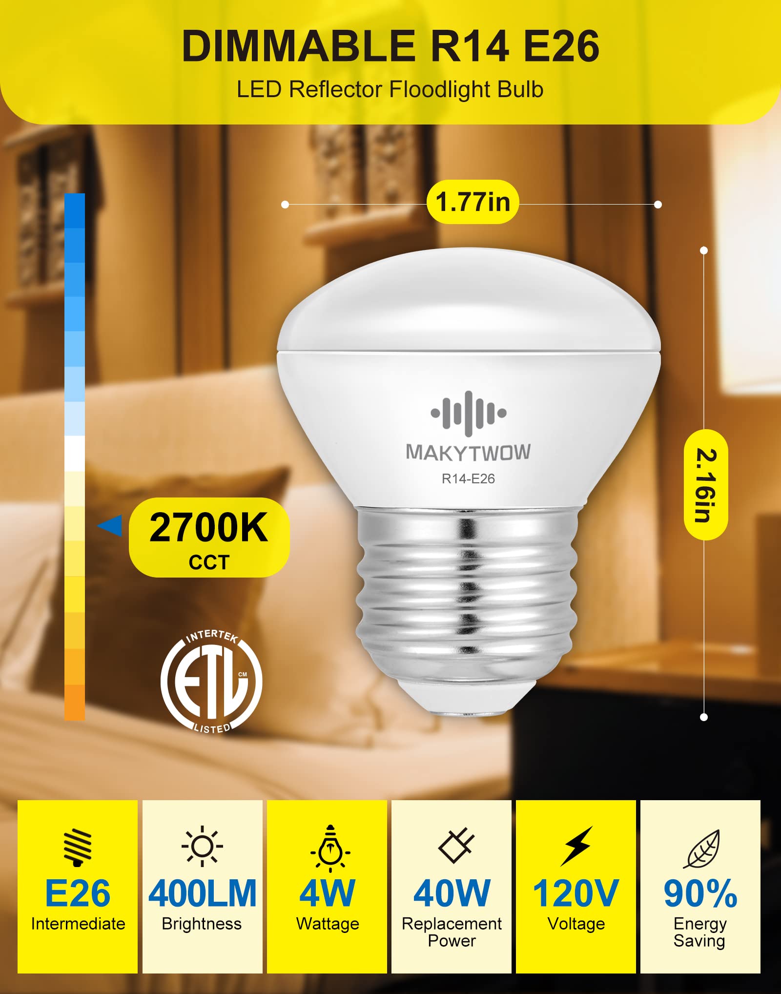 Makytwow R14 Led Bulb 4W E26 Base 2700K Warm White Dimmable Mini Led Reflector Floodlight Bulb 40W Equivalent 400 Lumens 4Pack