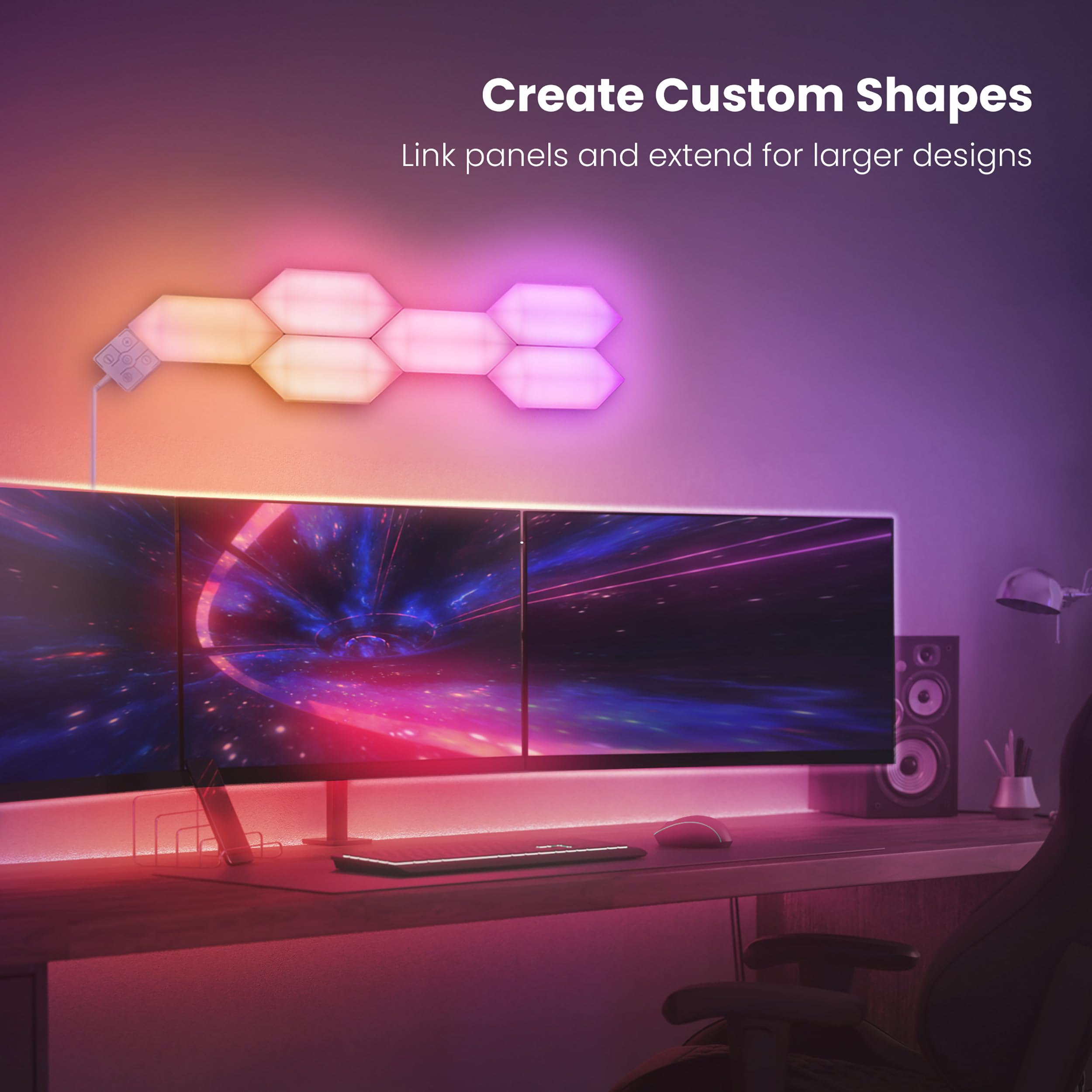 Feit Electric Smart Led Hexagon Tile Lights, 7'' Ea, Linkable, Rgbw Color Chasing, 2.4Ghz Wifi Enabled, Compatible With Alexa An