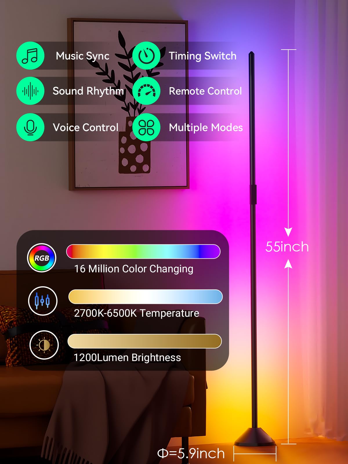 Tjoy Smart Led Floor Lamp, Rgb+Ic Corner Light Work With Alexa&Google Home,1200Lm, Modern Floor Lamp With 16 Million Colors, Mus
