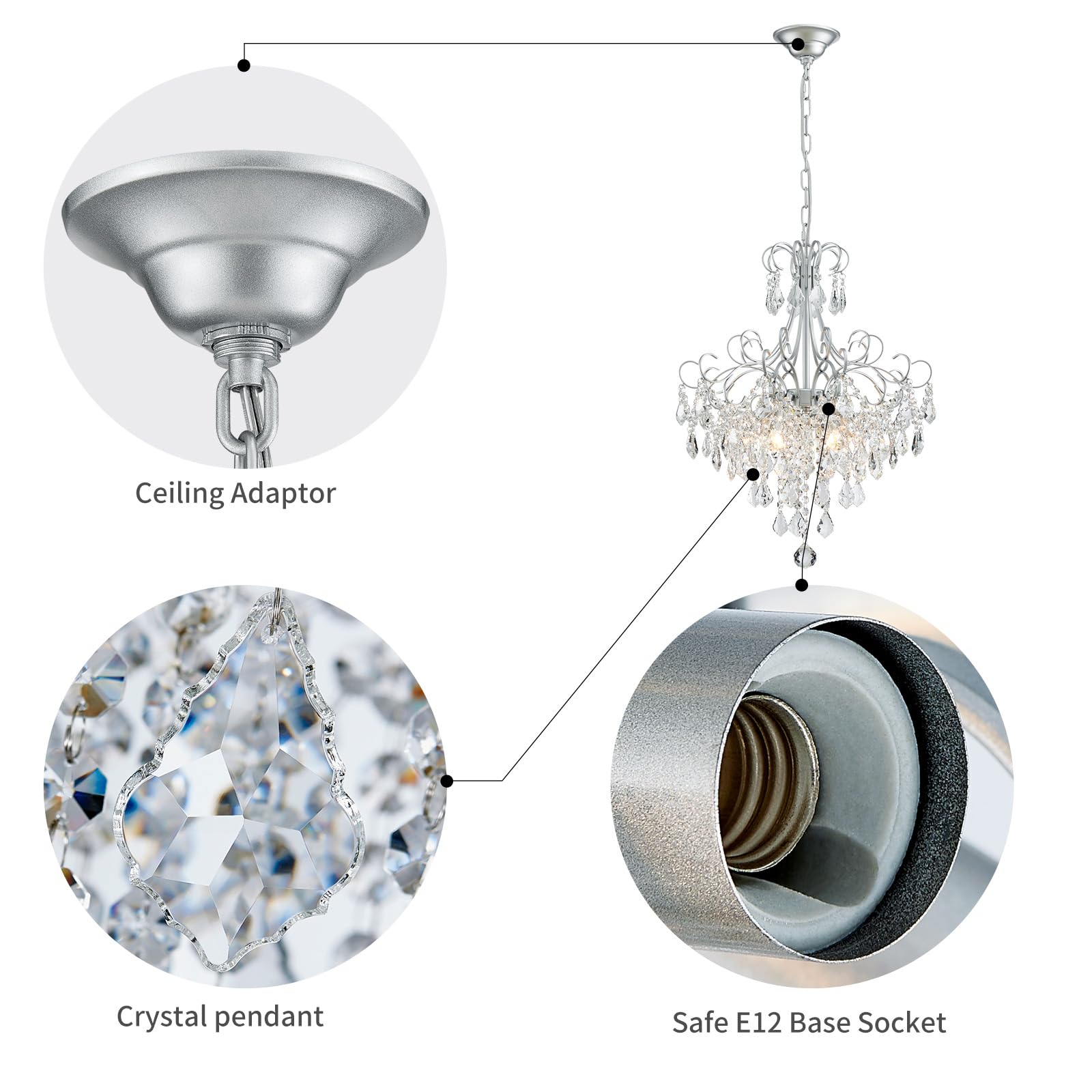 WUZUPS 5-Light Crystal Chandelier Pendant Ceiling Light, 22.4" H x 18.3" W, Silver Metal, Modern Fixture for Dining Room, Hallway, Kitchen