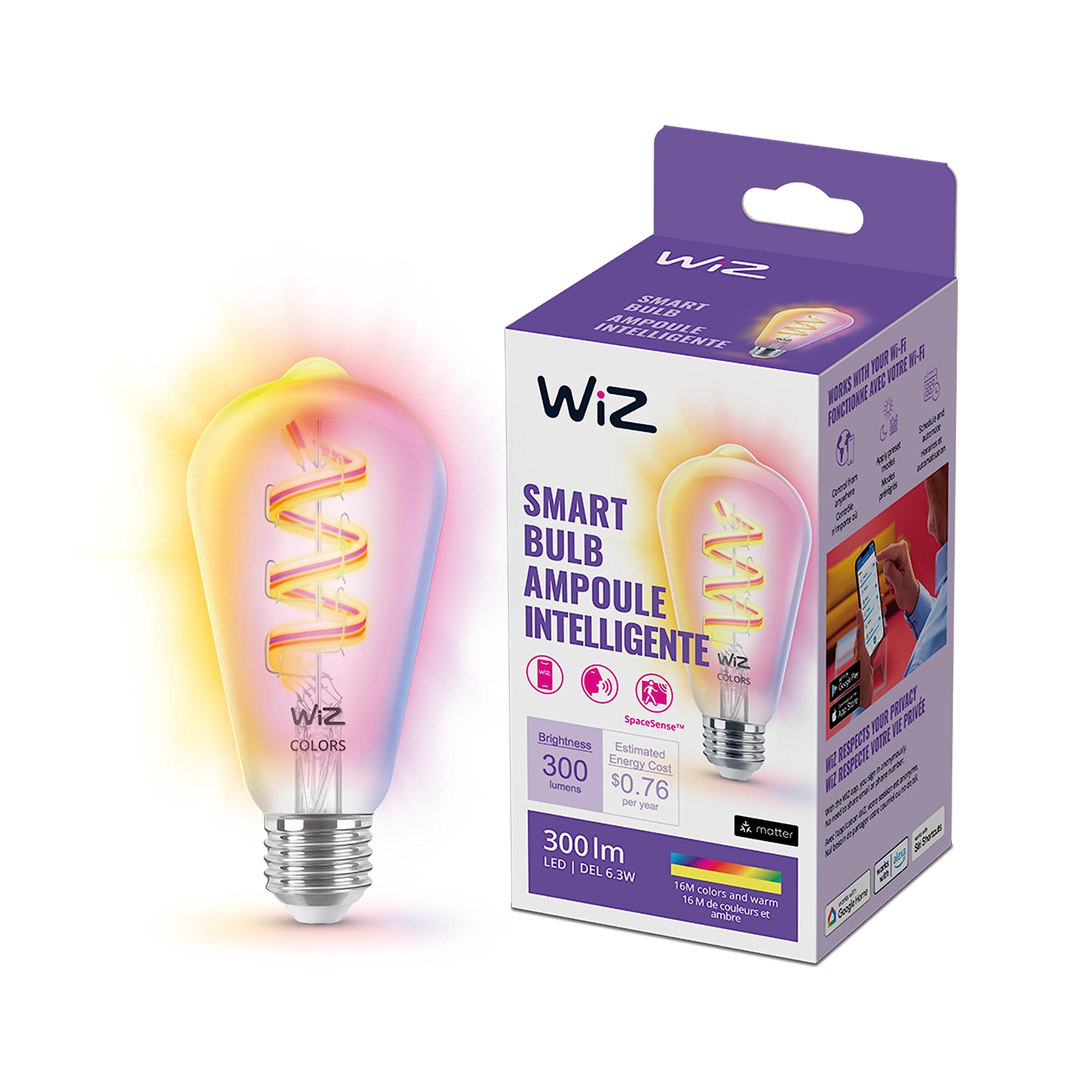 Wiz Color St19 Color Filament Led Smart Bulb - Pack Of 1-300 Lumen - E26 Indoor - Connects To Your Existing Wi-Fi - Control With