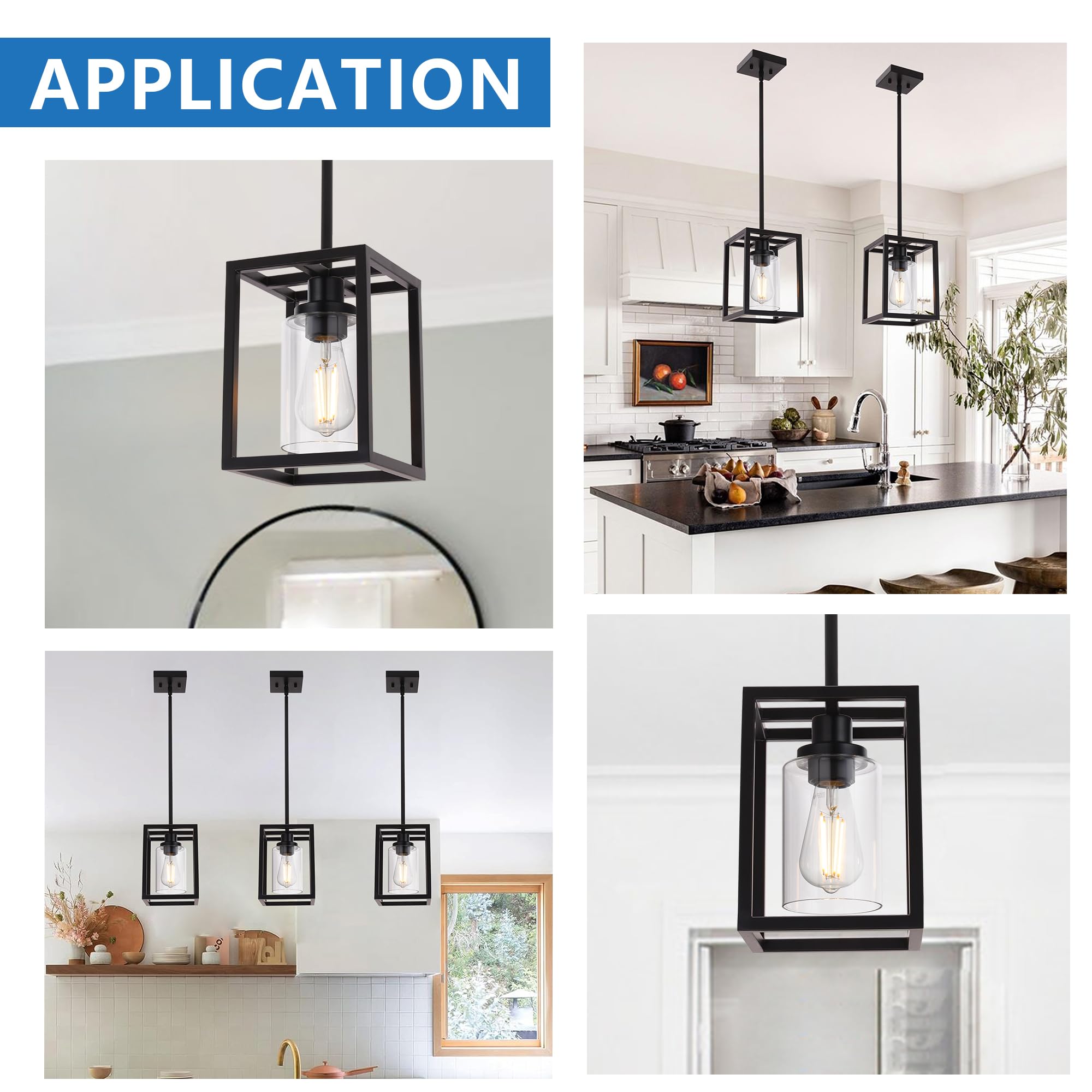 MELUCEE Glass Pendant Lights, Black Metal, 2 Packs, 6.7 inches, Clear Glass Shade, Model 4-45011-2P-2BL, Ideal for Kitchen