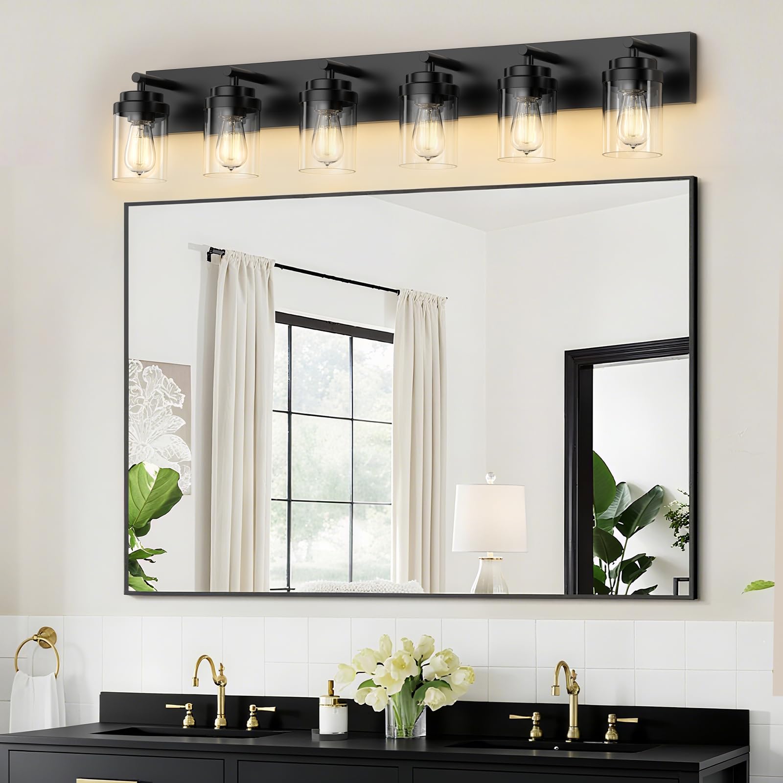 Izorro Bathroom Vanity Light Fixture  6-Light 43 Inch Matte Black Bathroom Light Fixtures Over Mirror  With Clear Glass Shade  Modern Farmhouse Vanity Lights  Rustic Restroom Lighting Fixtures