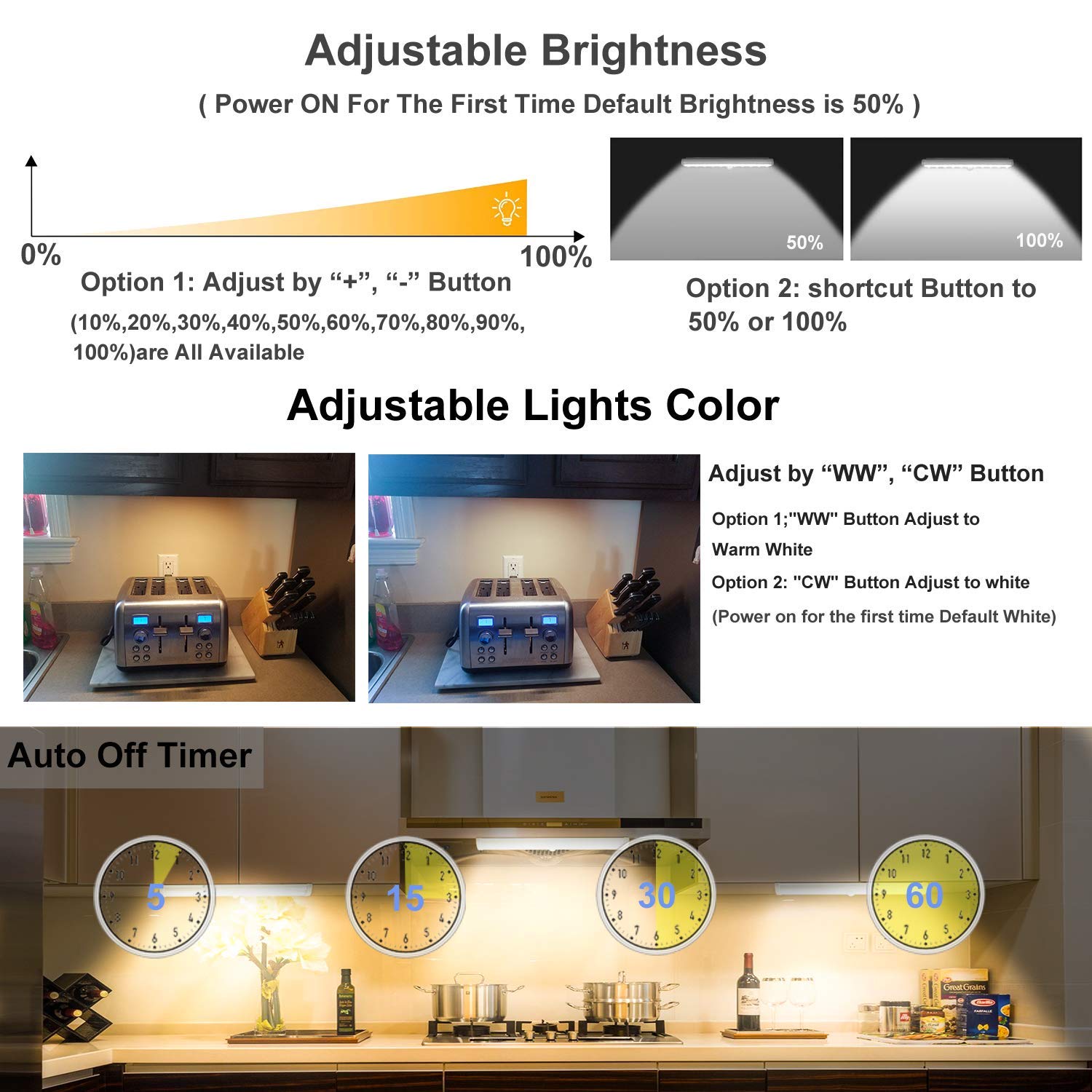 LDOPTO LED Under Cabinet Lights - Wireless, Remote Touch Control, Warm White, 3 Pack, Aluminum, Model LD-8117