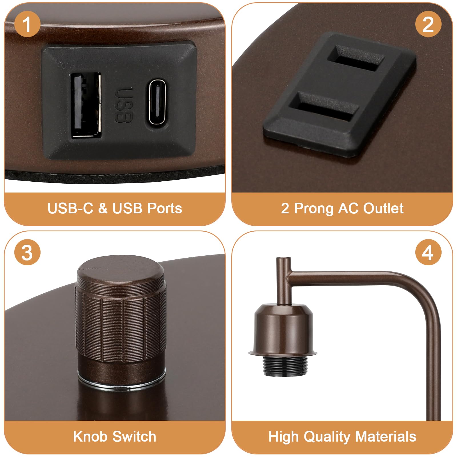 Innqoo Brown Industrial Bedside Table Lamp For Bedroom - Nightstand Lamps With Usb C Charging Port, Fully Dimmable Black Ports A