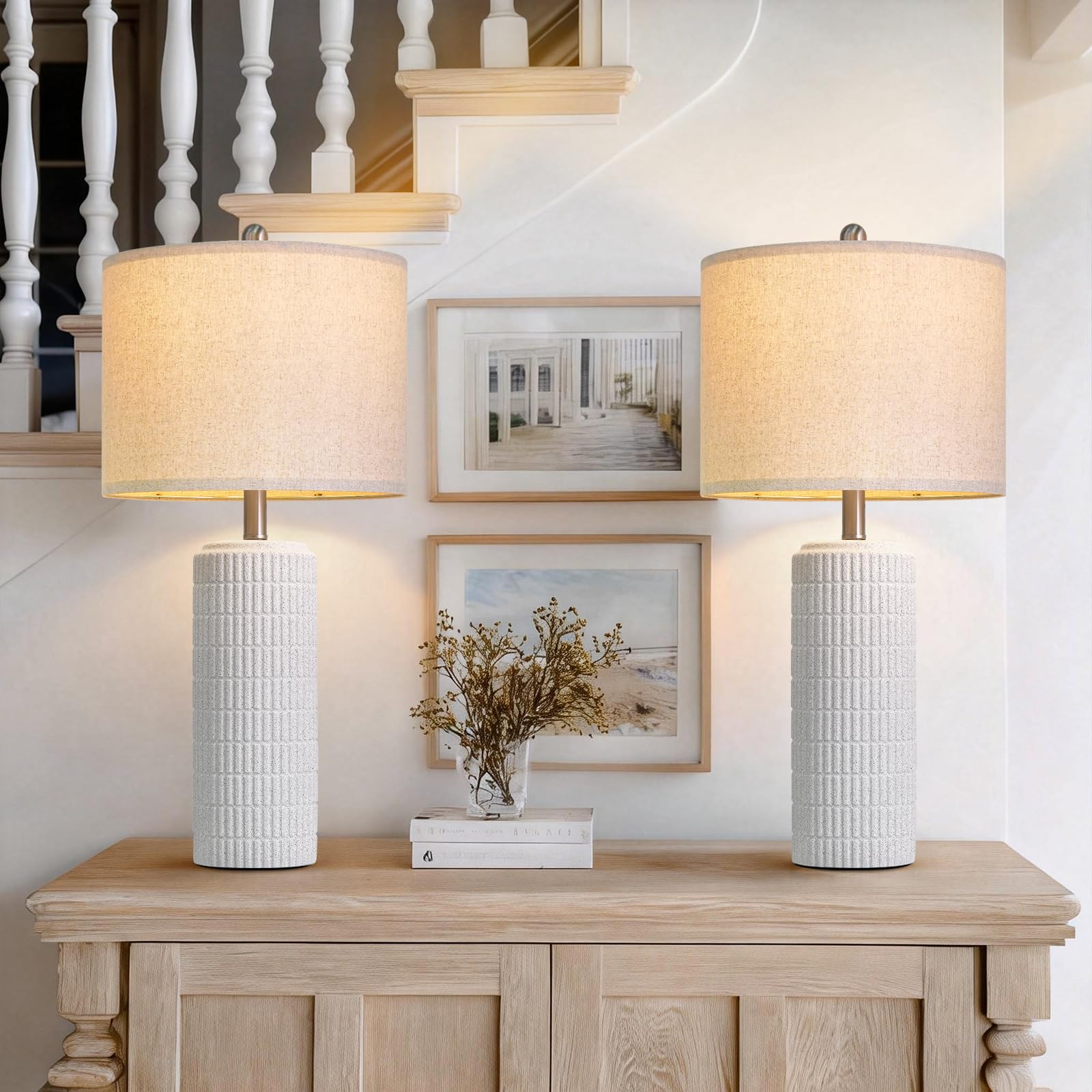 PoKat 27.5 Tall Table Lamps for Living Room Set of 2  Stone-Like Ceramic Bedroom Lamps for Night Stands  Farmhouse Bedside Lamps for Bedroom Living Room  Nightstand Lamps for End Table  Hallway