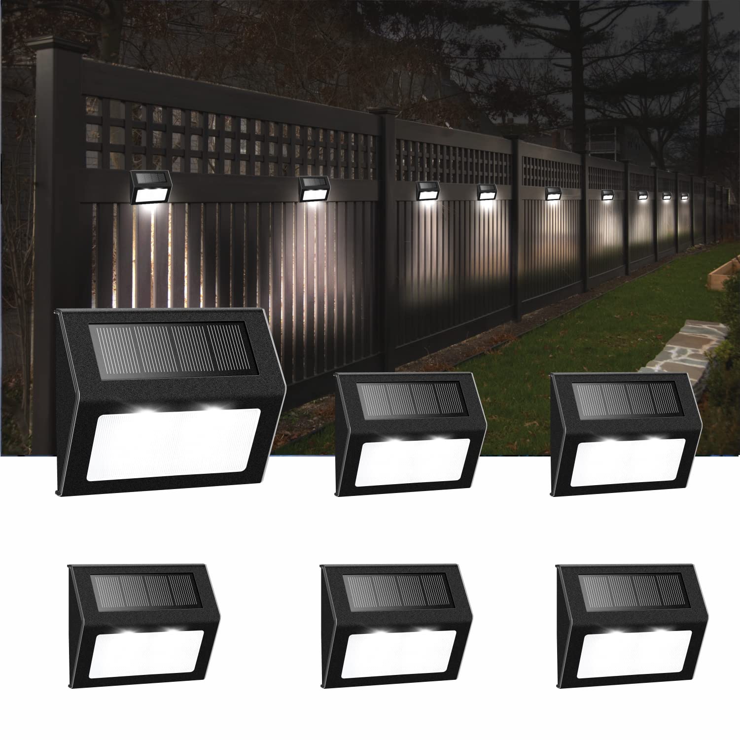 Tftek Solar Fence Lights, Waterproof Outdoor Deck Lamp, Stainless Steel, Black, 6 Pack