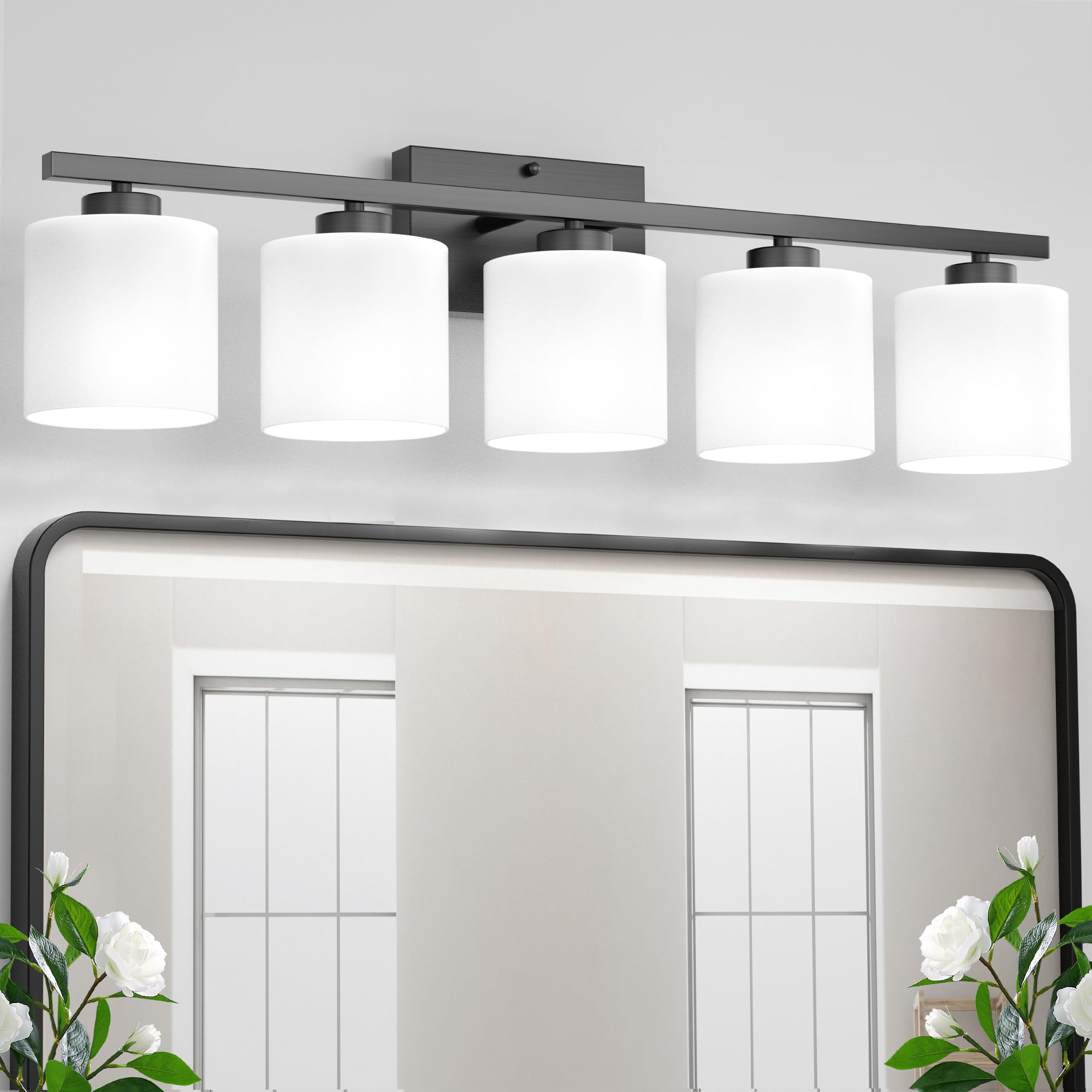 Honesorn 5-Light Bathroom Vanity Light Fixtures, Matte Black, Frosted Glass Shades, E26 Base, Modern Design