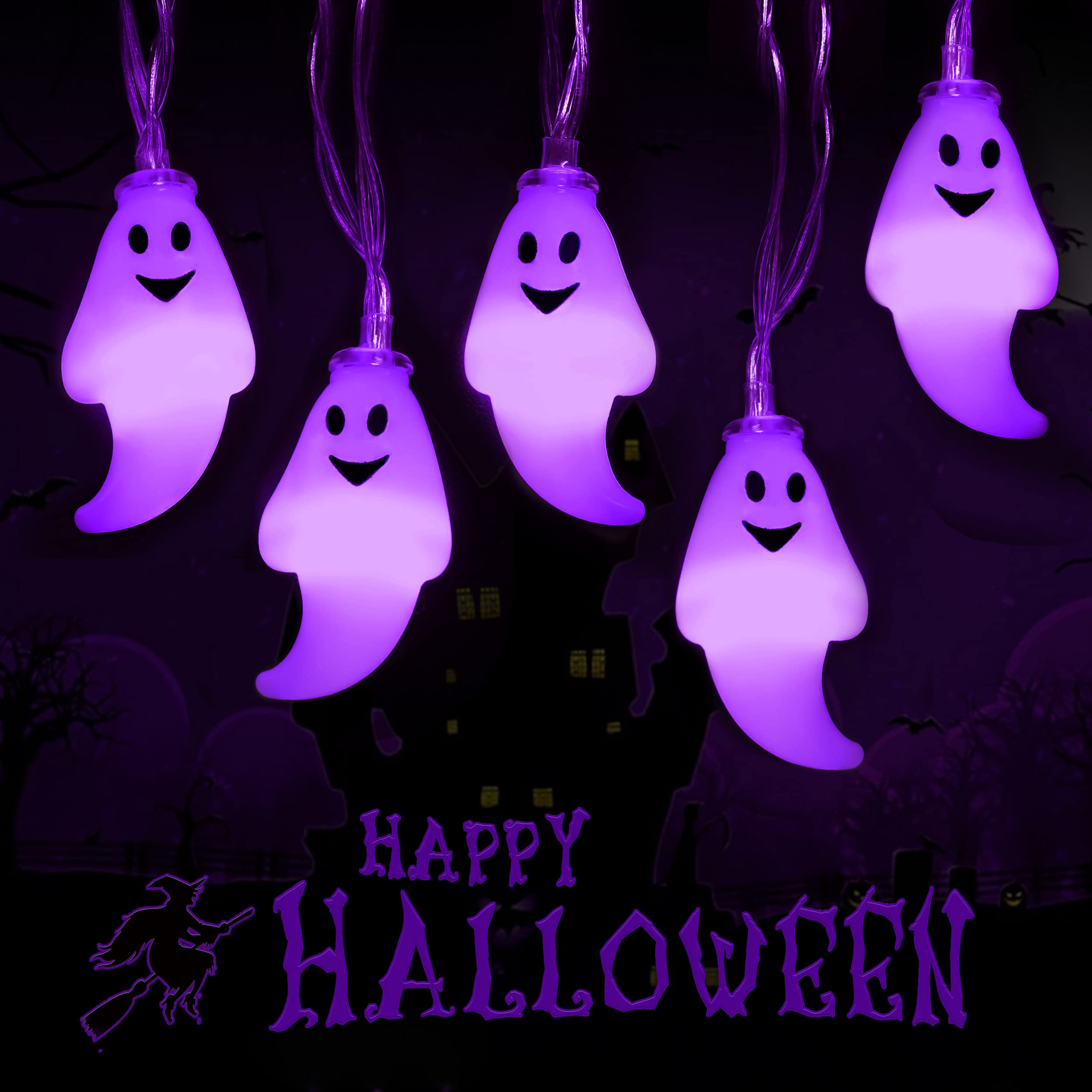 JMEXSUSS 30 LED Halloween String Lights, Battery Operated Ghost String Lights, Purple Indoor Halloween Lights for Outdoor Party