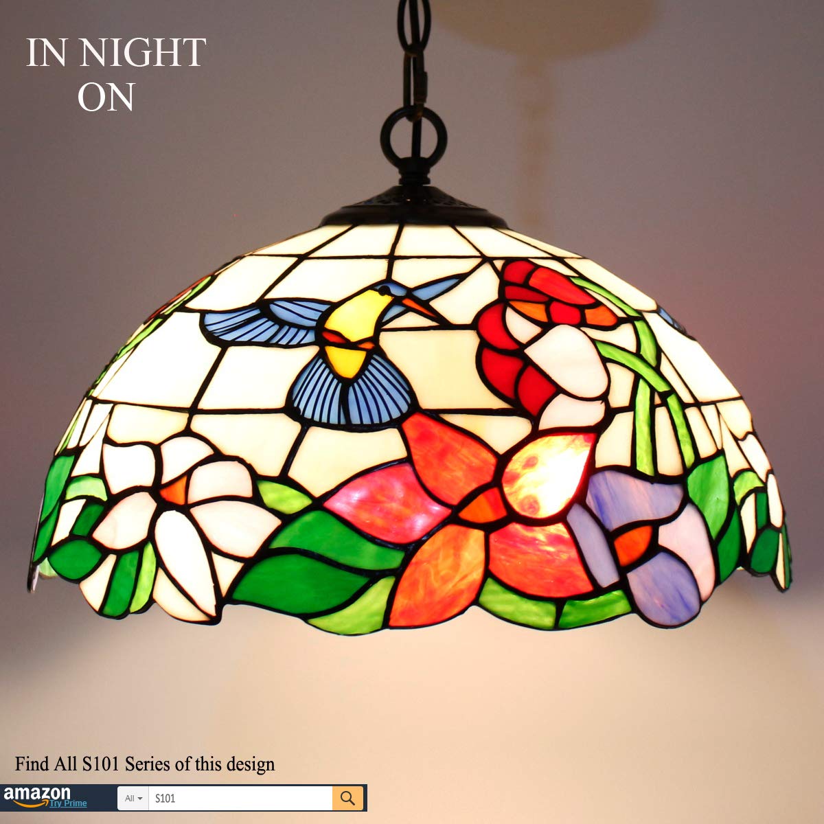 WERFACTORY Tiffany Pendant Light - Hummingbird Amber Stained Glass, 16 Inch, Large, S101 Series