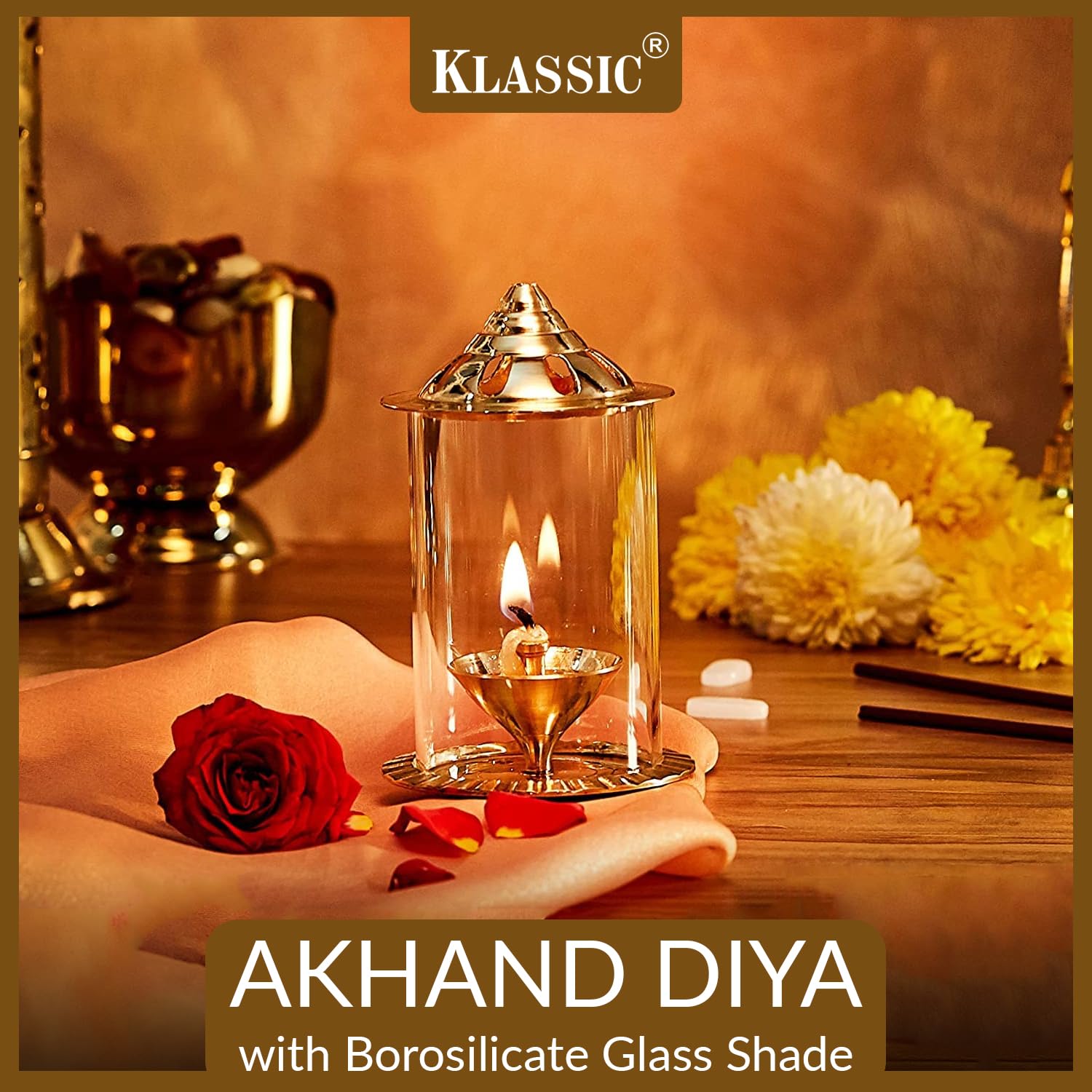 Klassic Navjyoti 4 Inch Akhand Diya with Borosilicate Glass Shade for Mandir, Decorative Brass &Glass Oil Lamp Lantern Diya with