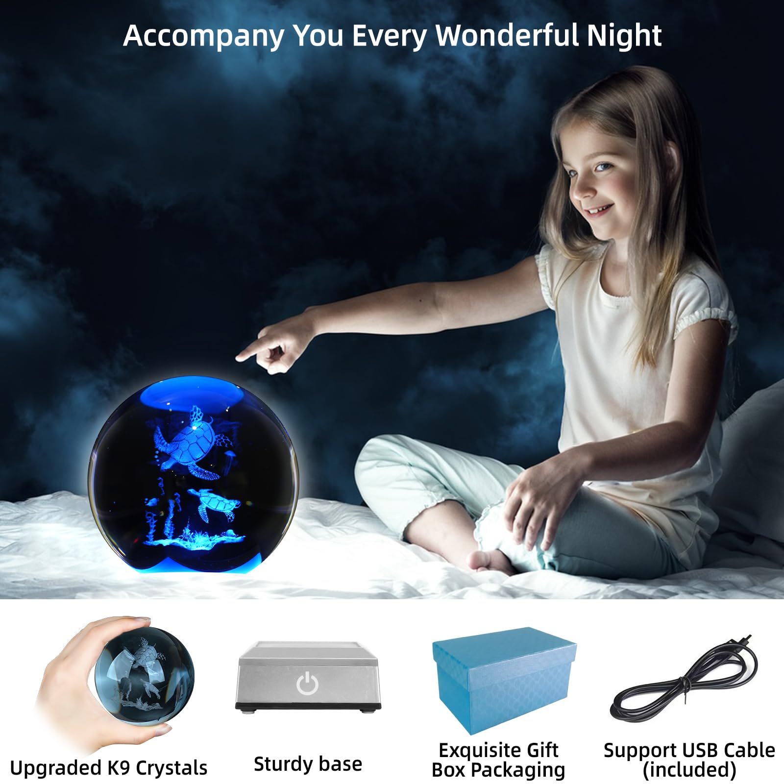 Oriamde 3D Sea Turtle Crystal Ball Night Light - 3.15" LED Touch Lamp, Color Changing Decor for Kids, Gifts for Christmas & Birthdays