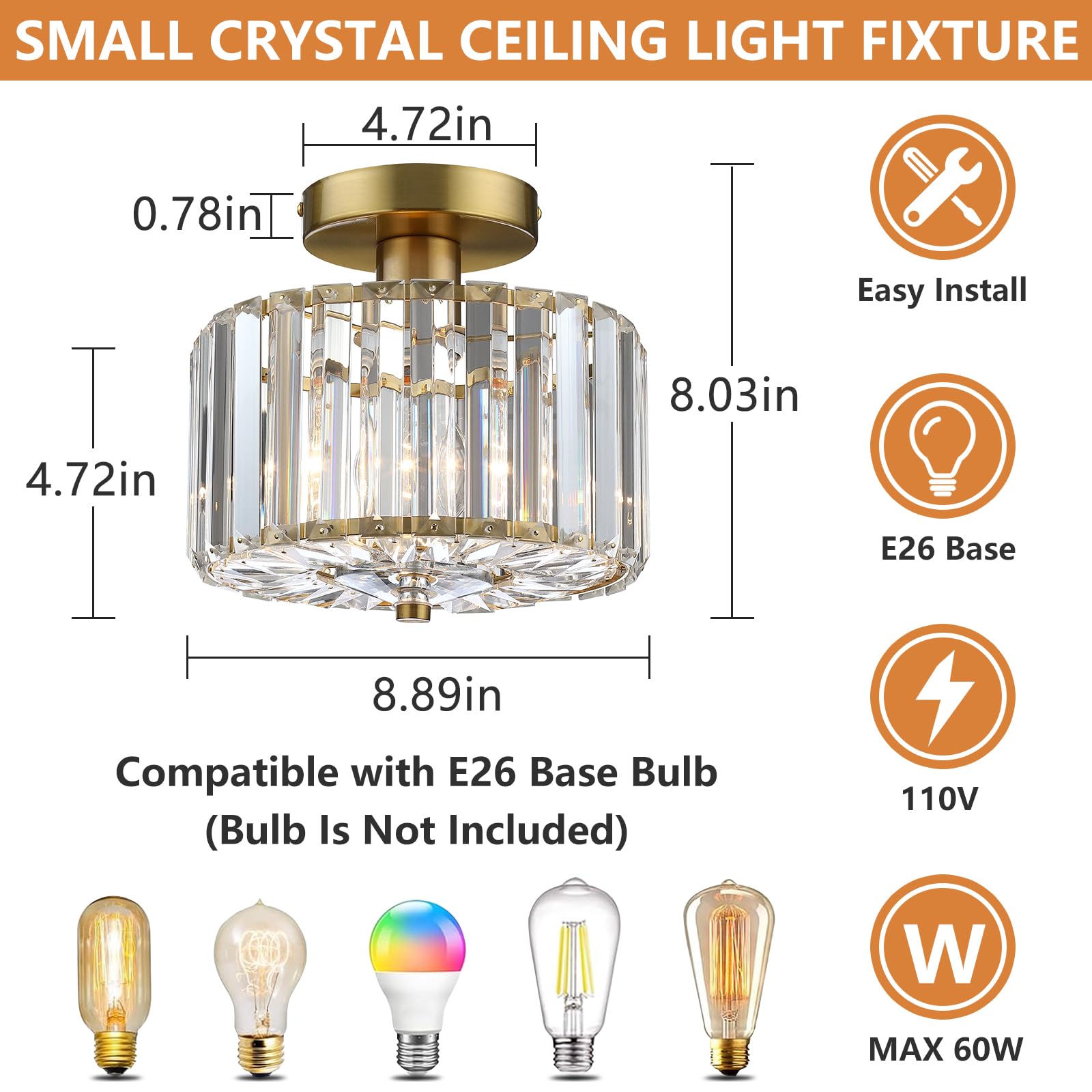 Pasentel Small Crystal Ceiling Light  Modern Mini Flush Mount Crystal Chandelier  Gold Small Chandelier Light Fixture  Entryway Lighting Fixture For Kitchen Hallway Laundry Room  1-Light  Sf004-1-G