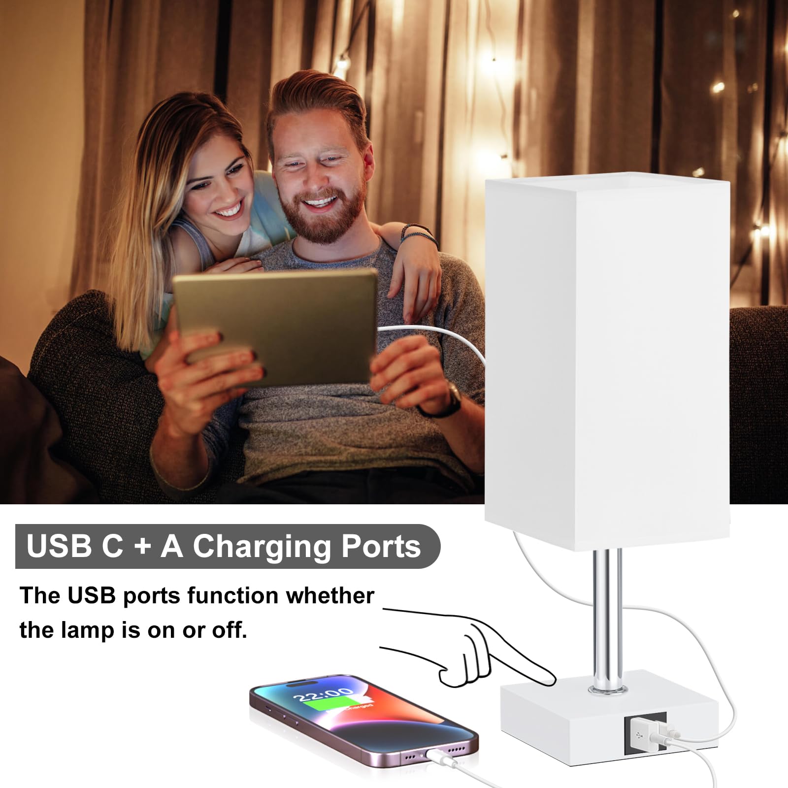 Ambimall Touch Control Table Lamp, USB A+C Ports, 3 Way, Metal, White Shade, Model RPT-1104
