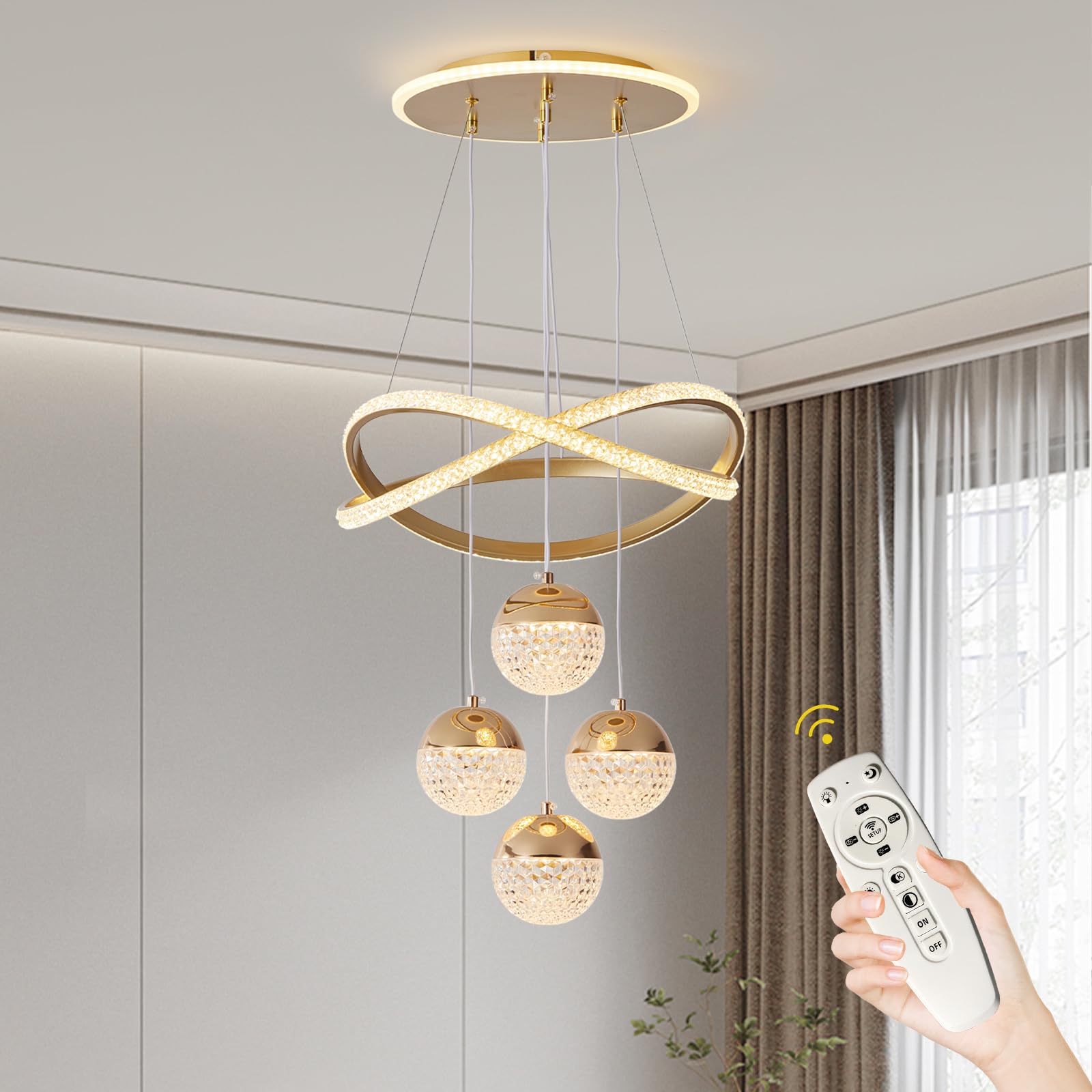 BCGMYLN Modern Gold LED Chandelier, Dimmable Pendant Light for Dining Room, Adjustable, Aluminum, Model WY-PL LIGHT