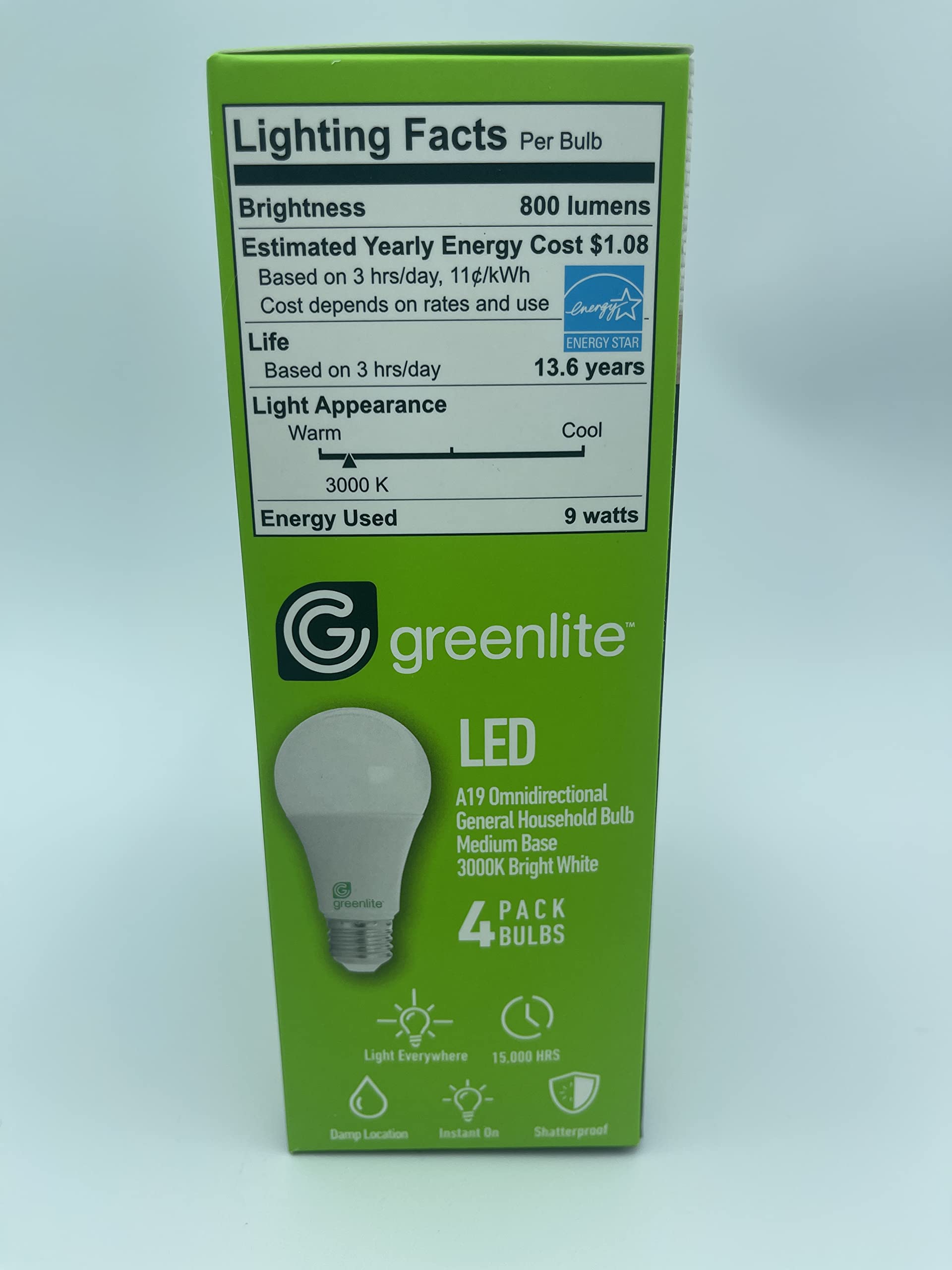Greenlite 9W LED Light Bulbs, 60W Equivalent, Non-Dimmable, 4 Pack, White, Copper Material