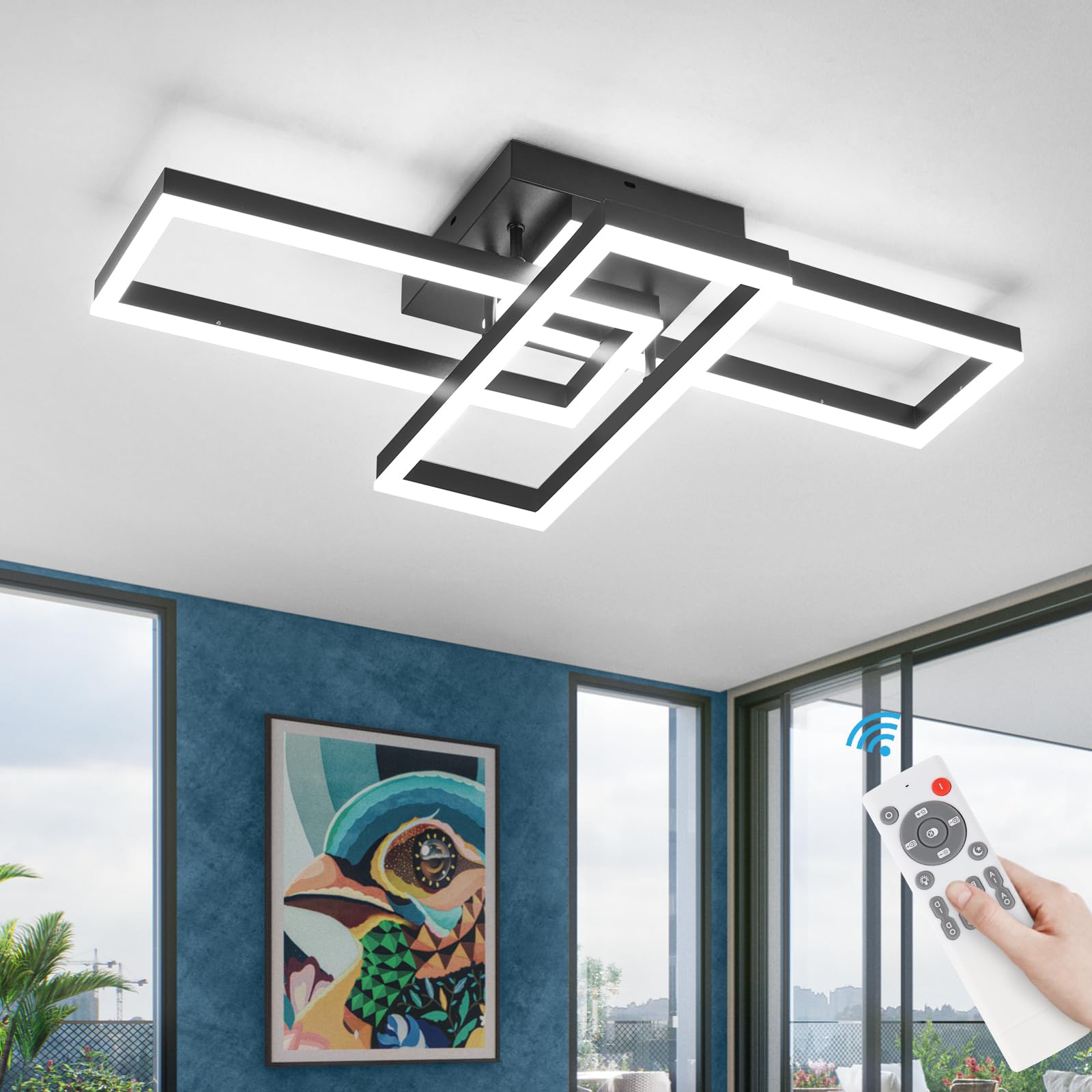 EIDISUNY Modern LED Ceiling Light Fixture, Dimmable 40W, Black 3 Square, Remote Control & APP, Model CL-3CFBKYX-D-2985
