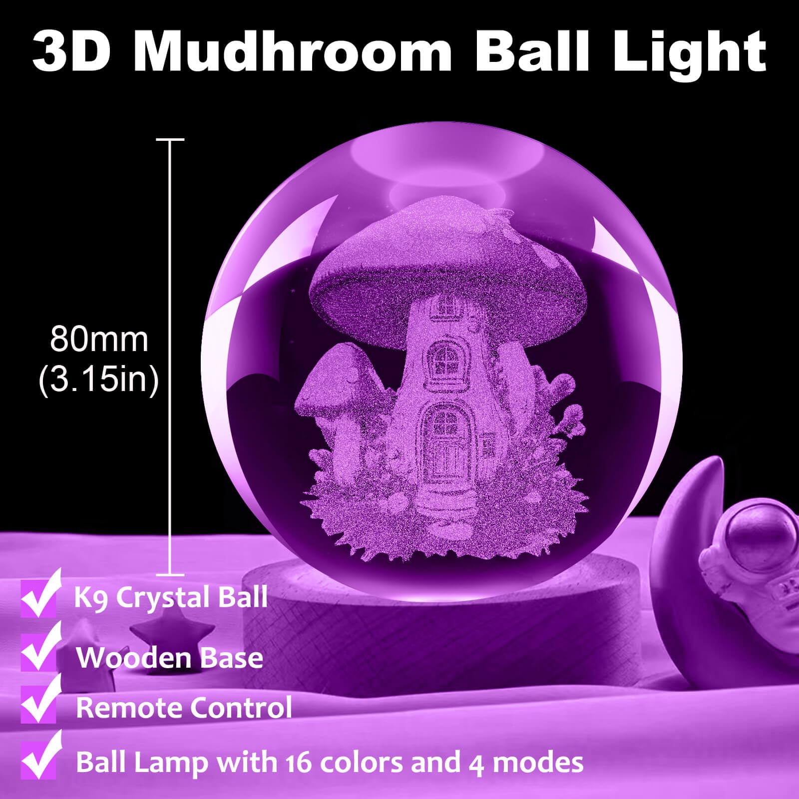 LINSINA Mushroom Lamp - 3.15in Crystal Ball Night Light with Wooden Base, Remote Control, 16 Colors, Model lamp-01, 3D Mushroom Color