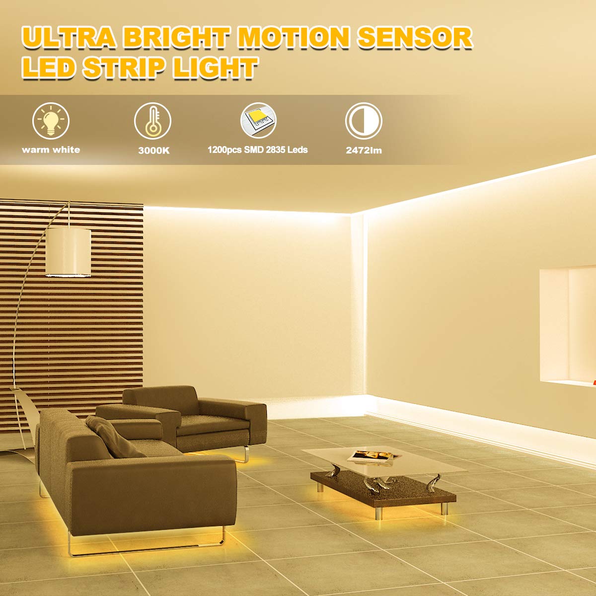 MY BEAUTY LIGHT Motion Activated LED Strip Lights, 65.6ft Warm White LED Rope Lights, Model RG103 for Under Cabinet & Kitchen
