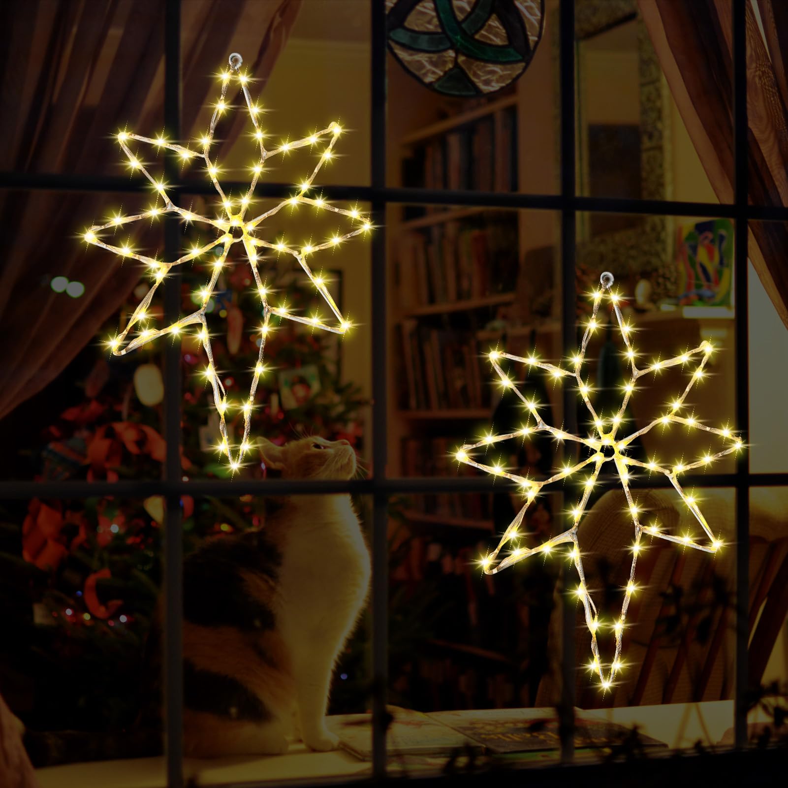 Christmas Window Decorations, 2 Pack Window Silhouette Lights, Bethlehem Christmas Star With Timer, 8 Modes Waterproof Battery Operated Lights For Holiday Wall Door Glass Decor