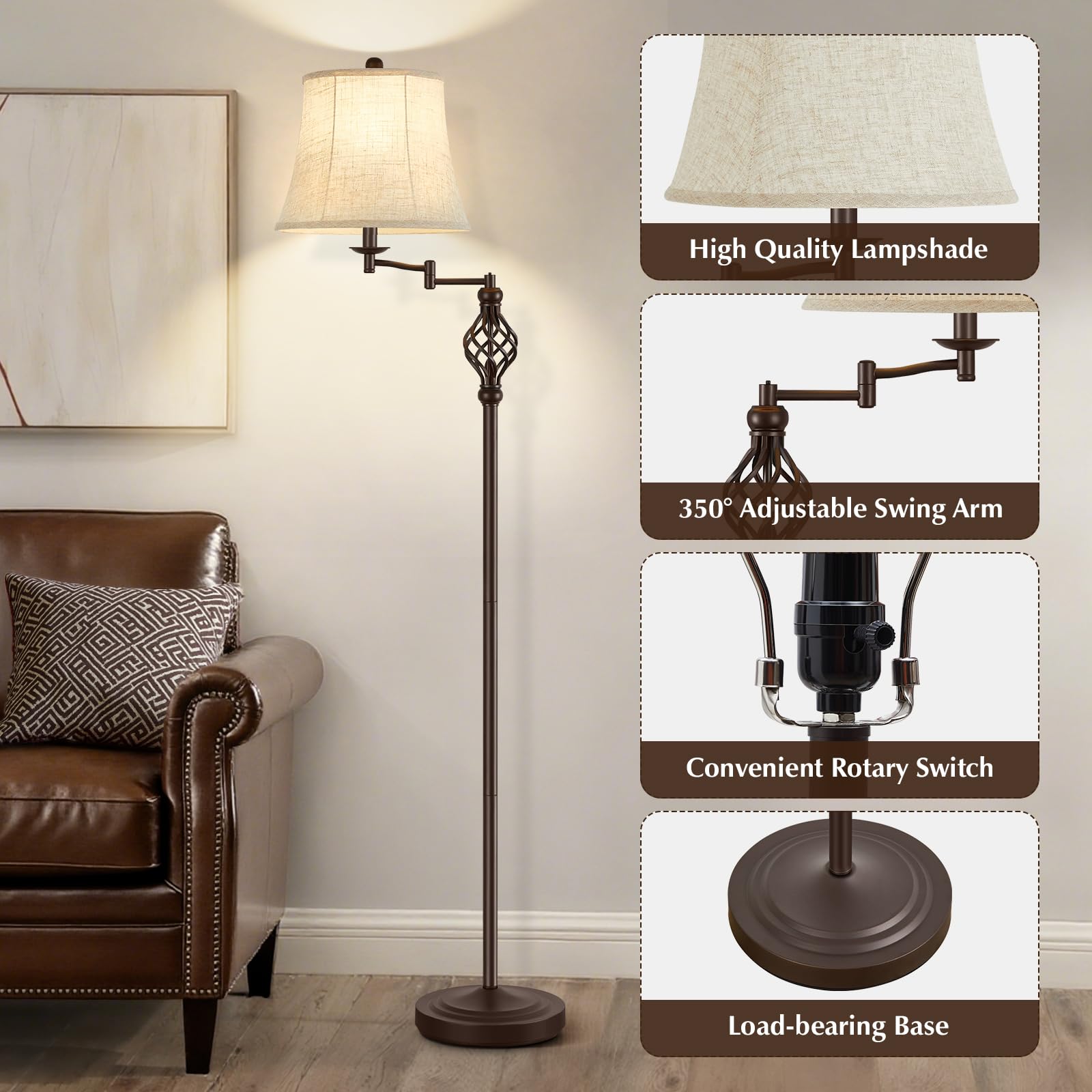 GyroVu Adjustable 350° Swing Arm Floor Lamp, Vintage Metal, Red Brown Shade, Rustic Design for Living Room and Bedroom Reading