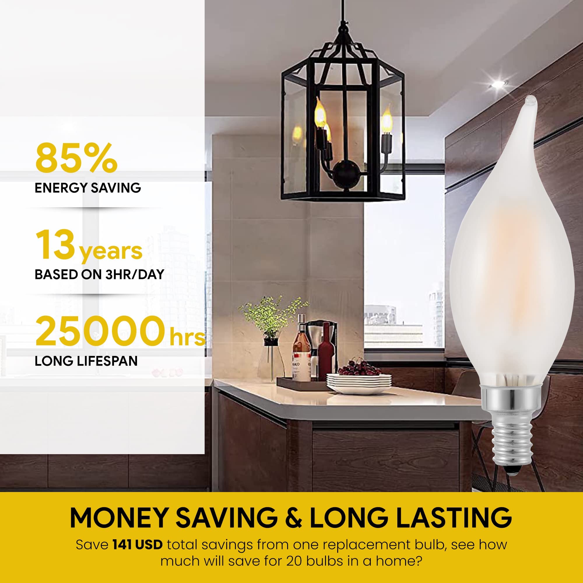 Amdtu 24 Pack Frosted Led Candelabra Light Bulbs, 40 Watt Equivalent Type B Light Bulbs Soft White 2700K, E12 Base Chandelier Li