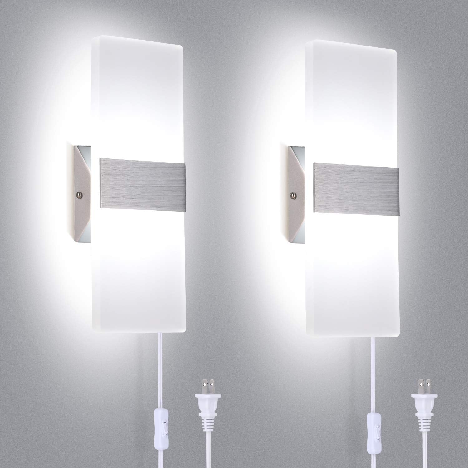 TRLIFE Modern Wall Sconces Set of 2, Plug-In 12W 6000K Cool White Acrylic, 6FT Cord with Switch