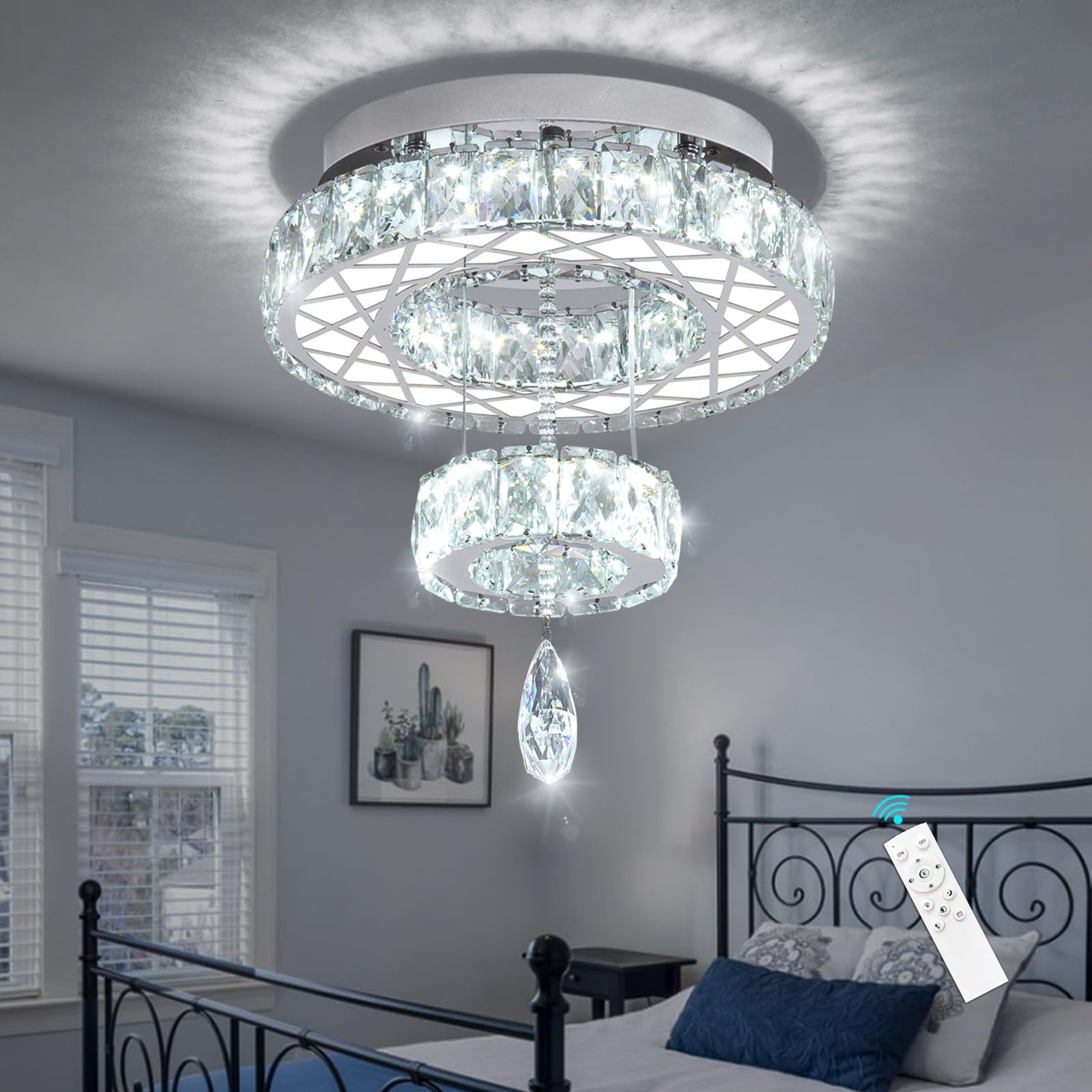 HAIXIANG 16" Glam Chandelier LED Light Fixture - Modern Silver Ceiling Lighting for Bedroom, Hallway, Kitchen, Dining Room, Model MMQ3831