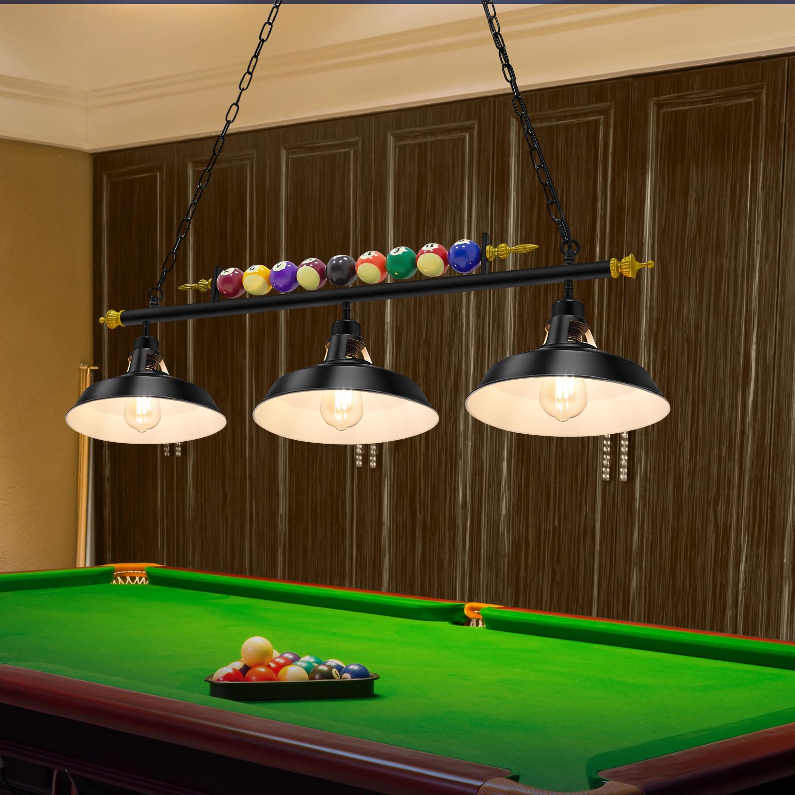 Rossesay Adjustable Pool Table Light Fixture, 3 Lights, Metal Shades, for 7-8 Billiard Tables, Black, Model XUU-Rossesay-1382
