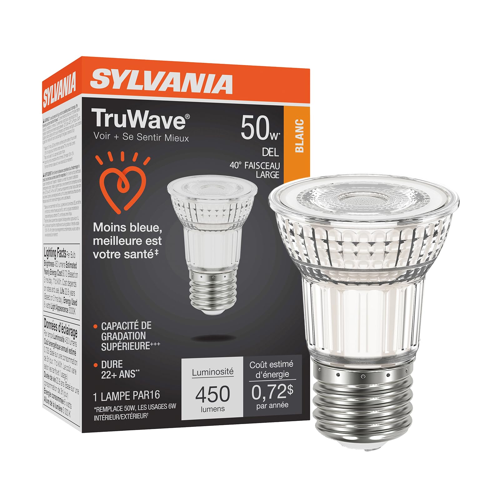 Sylvania LED TruWave Natural Series PAR16 Light Bulb, 50W Equivalent, Efficient 6W, Medium Base, Dimmable, 5000K, Daylight - 1 P