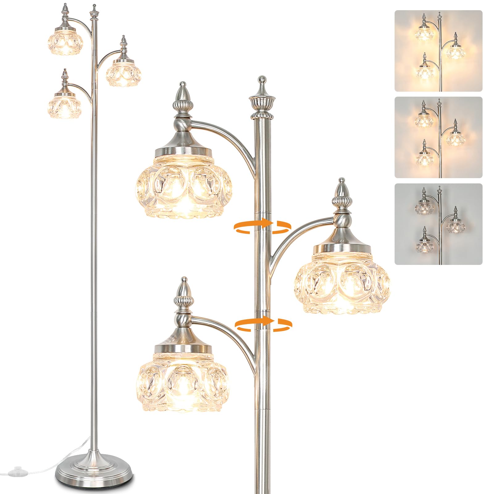 JUNNAI Brushed Nickel Floor Lamp 66.5 Tall Standing Lamp Dimmable Tree Floor Lamps with 3 LED Lights Glass Shades Silver Lamp 
