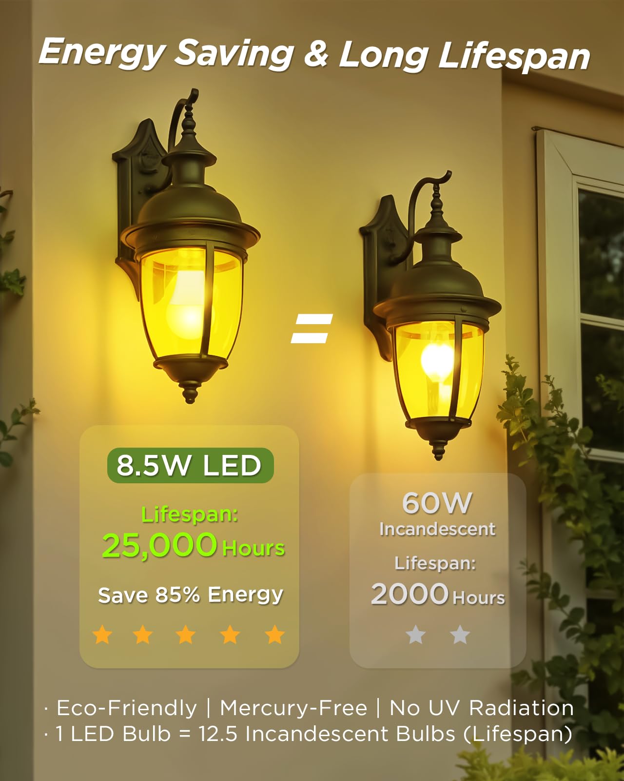 Dorillo A19 LED Yellow Bug Light Bulbs, 8.5W, 60W Equivalent, 2400K Amber Glow, E26 Base, 4-Pack