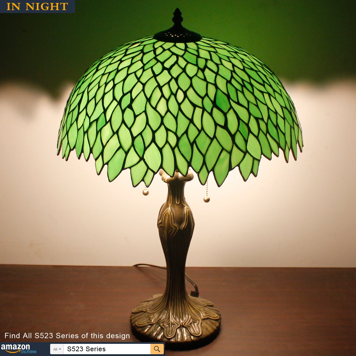 WERFACTORY Tiffany Lamp Shade Replacement, Green Stained Glass, 16x7 Inch, Wisteria Design for Table/Floor/Ceiling Fixtures