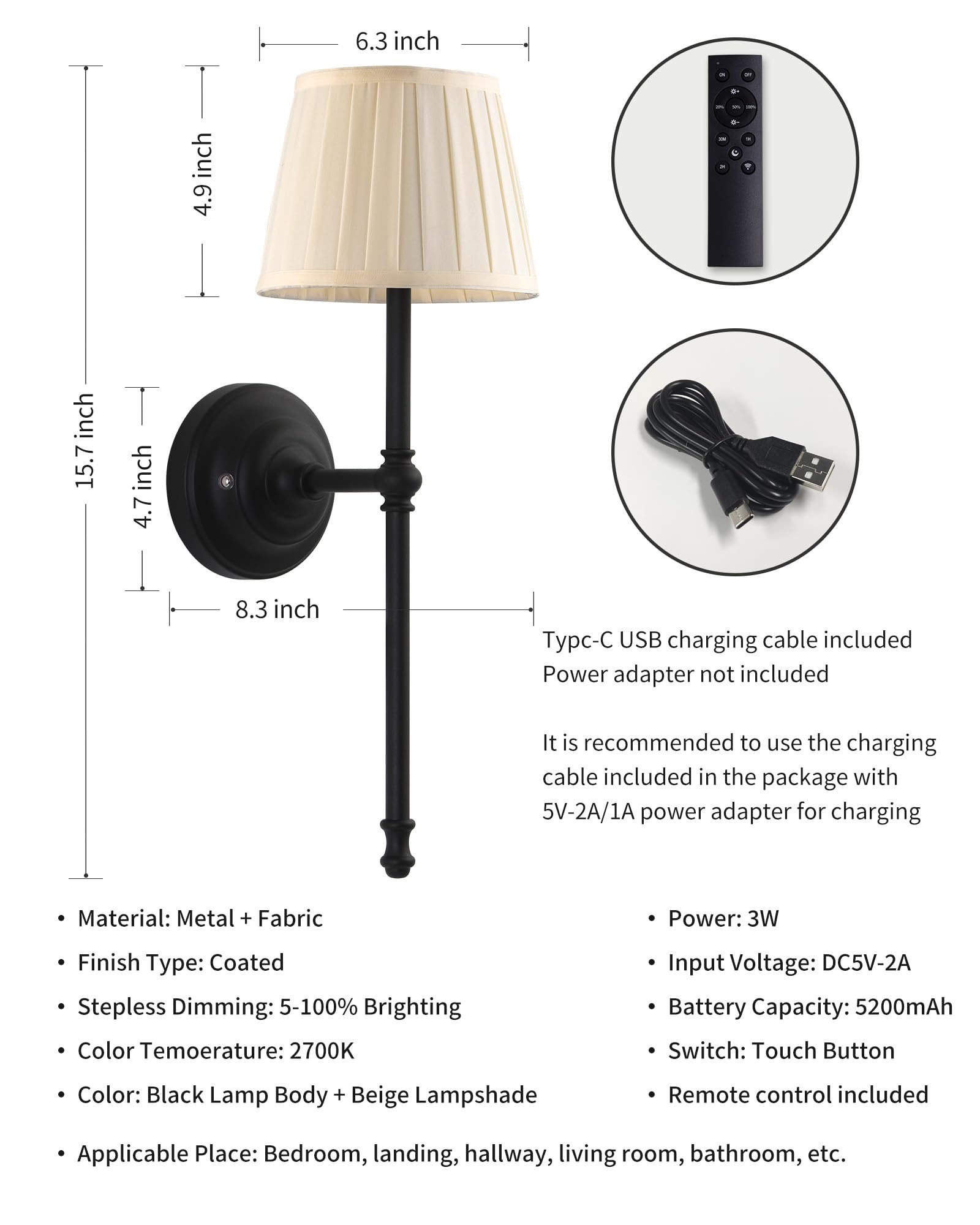 KDG Cordless Wall Sconces Set of 2, Black Fabric LED Lamps, Rechargeable 5200mAh, Portable Lighting for Living Room, Bedroom, Hallway