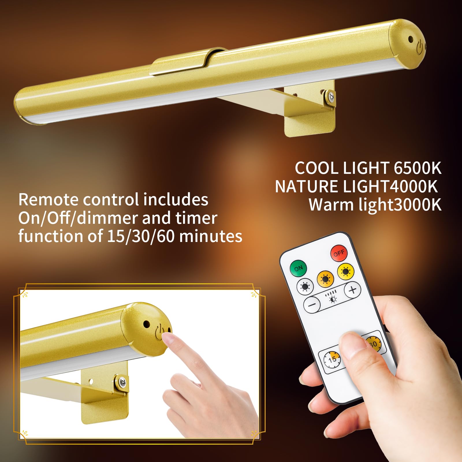 Swatia Wireless Picture Light, 300 Lumens, Adjustable Brightness, 13 inch, Gold, 2 Pack, Model DY-01RC-2