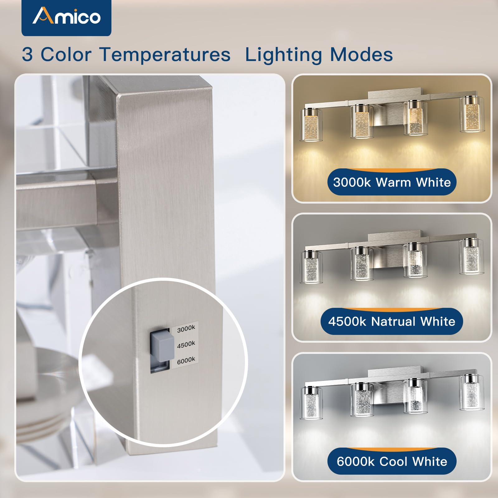 Amico Bathroom Vanity Lights, 4 Lights Brushed Nickel Bathroom Lighting Fixtures With 3Cct Adjustable, Modern Wall Light Over Mi