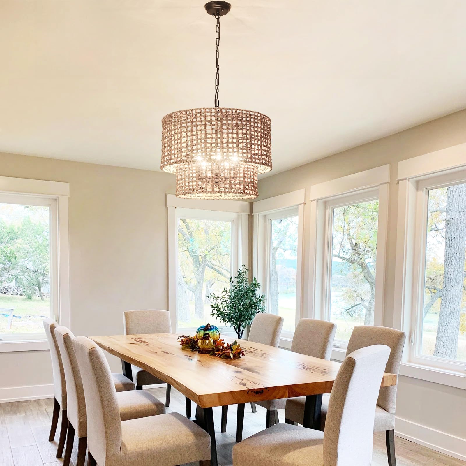 2 Tier Rattan Farmhouse Chandelier 5-Light Large Boho Wicker Pendant Light Fixtures Hanging Coastal Drum Lighting Hand Woven Cha