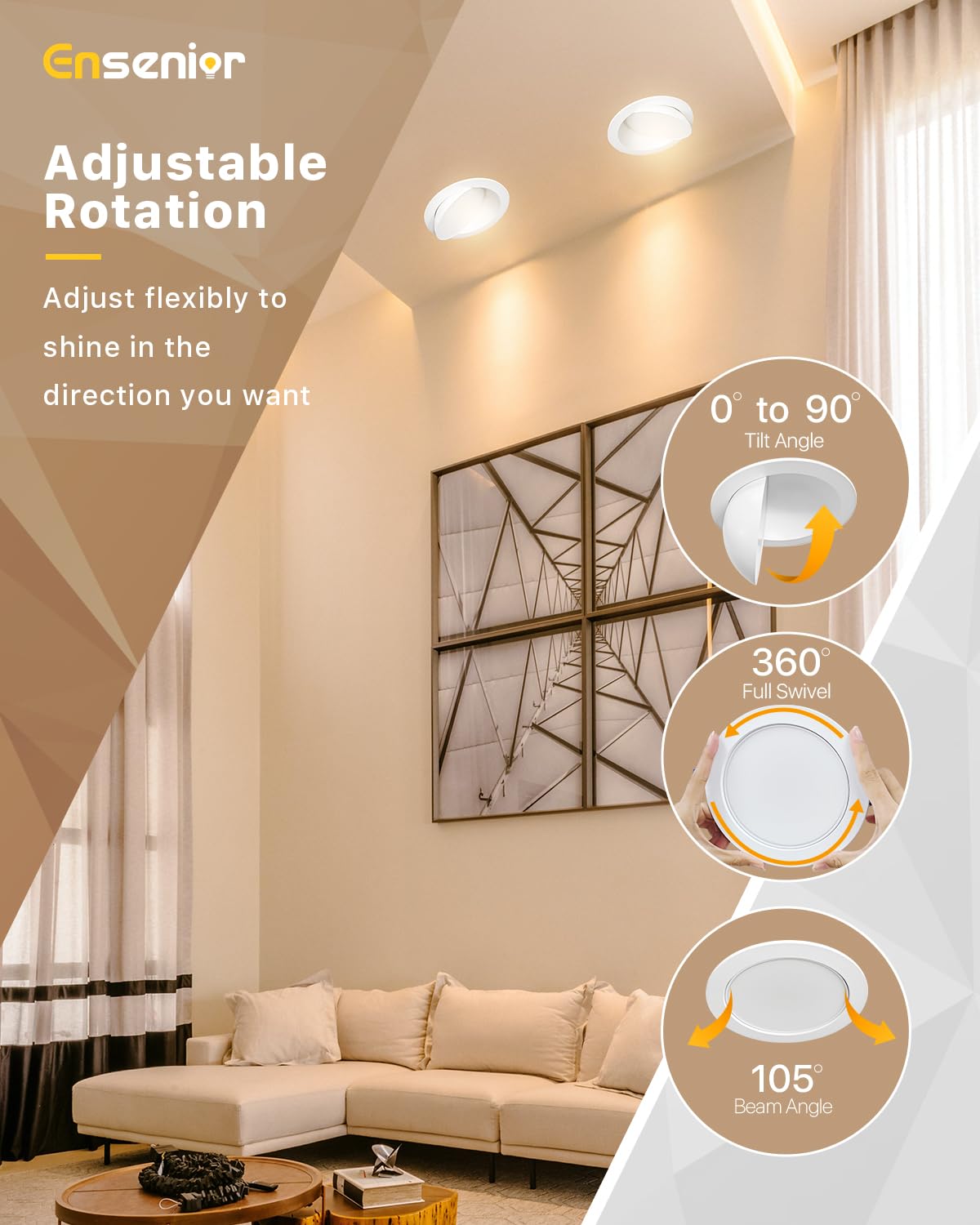 Ensenior 12 Pack 6" Gimbal LED Recessed Lighting, 90° Rotatable, Dimmable, 1200LM, 5CCT Selectable, Model