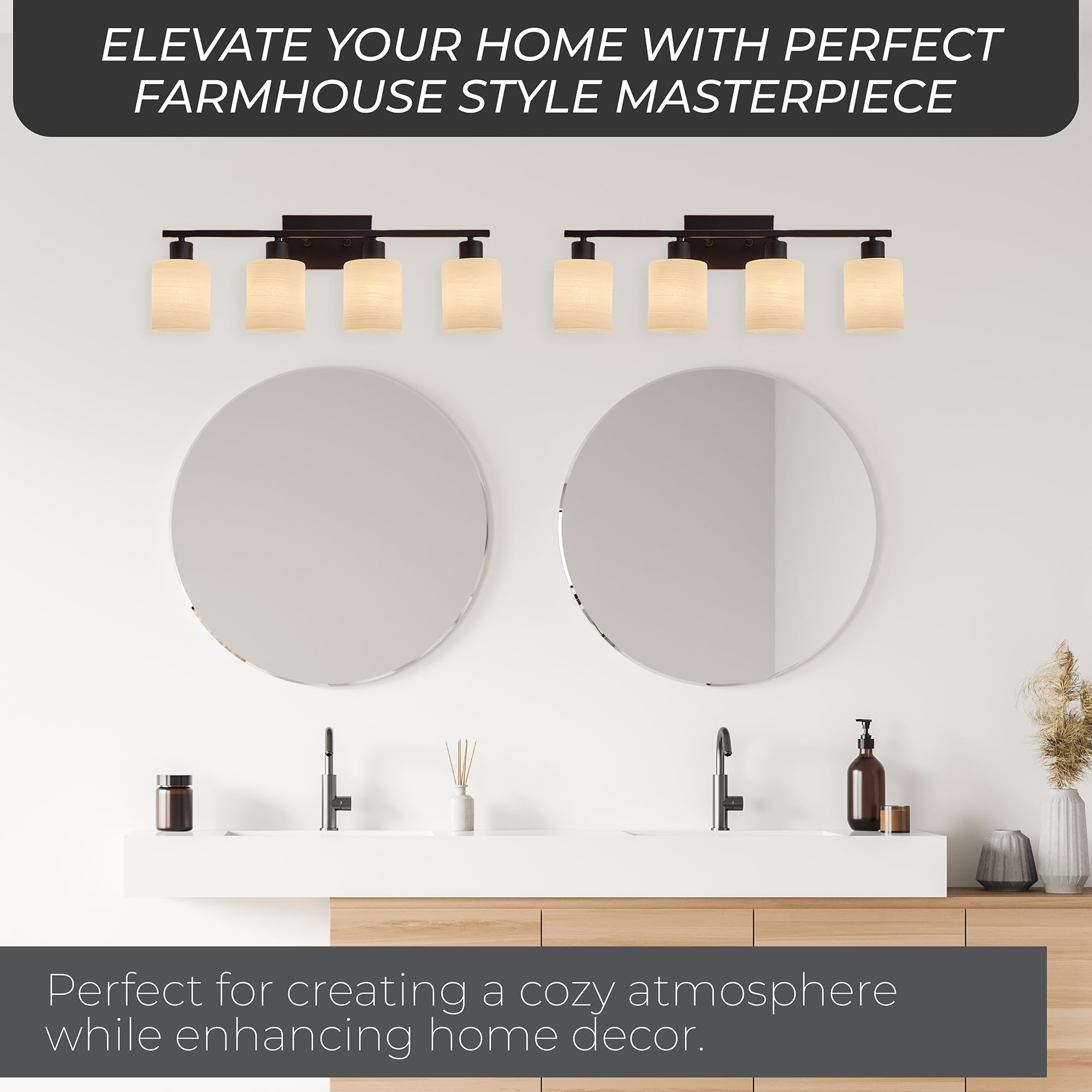 The Door Bull Modern Bathroom Vanity Light, 4 Lights, Oil-Rubbed Bronze, Stainless Steel, Model VNT-1000, Milky White Glass Shades
