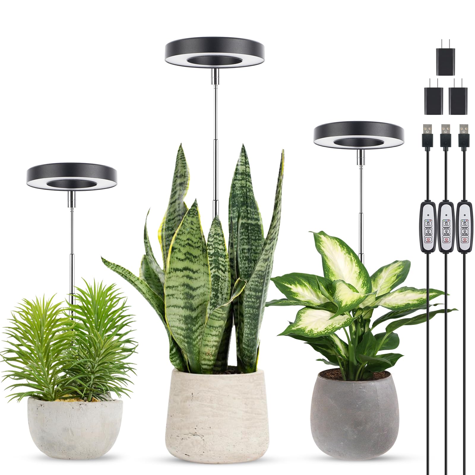 LORDEM Grow Light, Full Spectrum LED Plant Light for Indoor Plants, Height Adjustable Growing Lamp with Auto On/Off Timer, 4 Dim