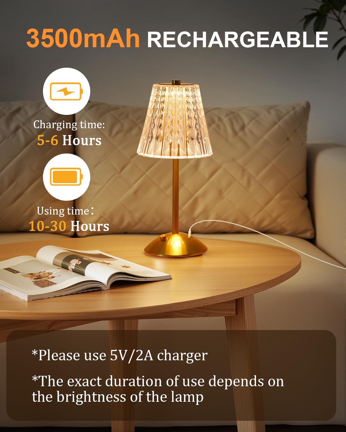 Nusogon Cordless Touch Table Lamp - 3500mAh LED, Dimmable, Acrylic, Gold, 10.55x5.4x12.87 inches, 2pcs