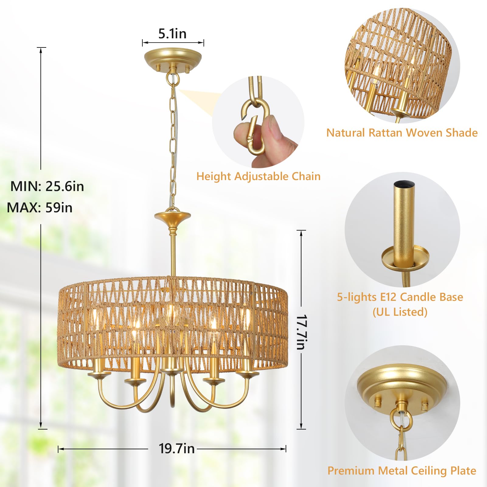 LAMSU Gold Rattan Chandelier Light Fixture, 5-Light Boho Pendant for Dining Room, Kitchen, Living Room, Bedroom, Model 230905C1