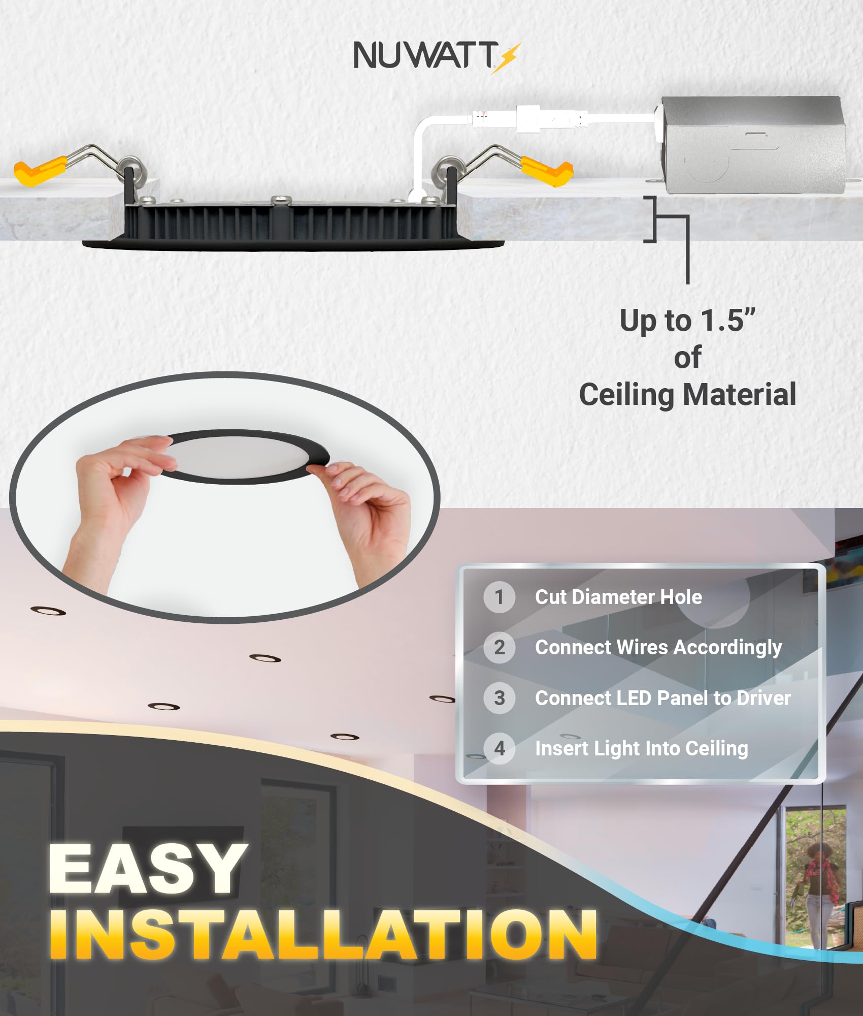 NUWATT 6 Inch Ultra-Thin Black LED Recessed Lighting, Dimmable, 1050LM, Water Resistant, IC Rated, Model NW-P-DL-6-15W