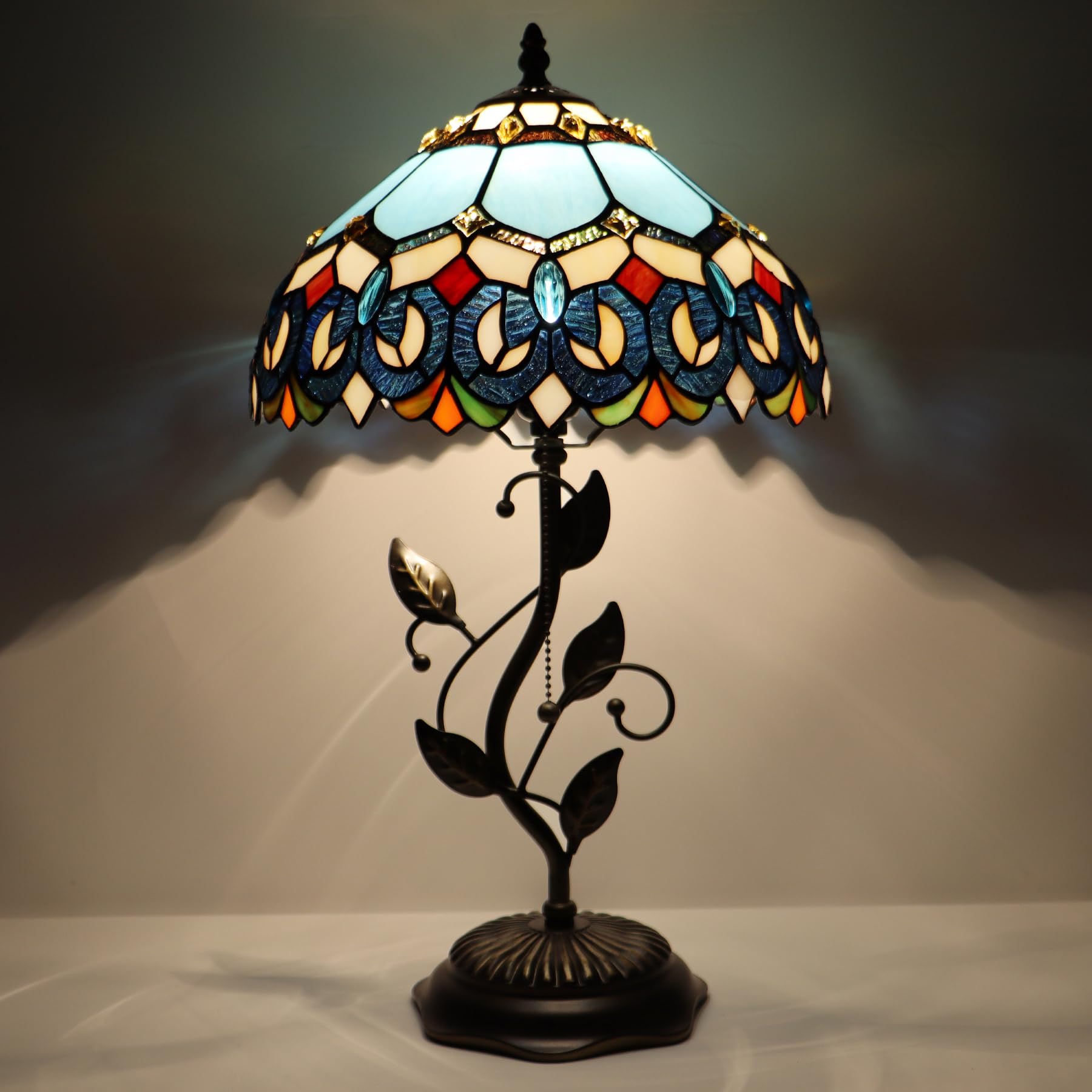 Lxhcyou Tiffany Table Lamp, Stained Glass Desk Light, W12H19 Inch, Metal Leaf Base (Baroque Style)