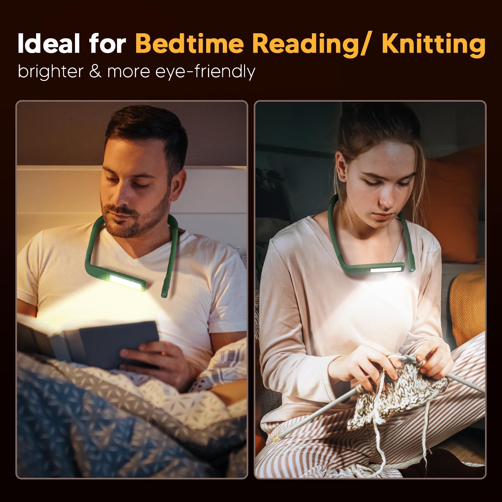Neck Reading Light, Book Light For Reading In Bed, Eye-Friendly Wide Reading Lamp 10-80Hrs, Bendable Arms & 2 Bright Lights, Rec