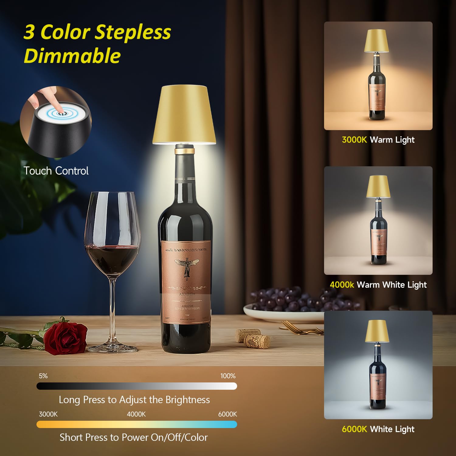 Hoide Wireless Bottle Lamp - LED Touch-Dimmable Night Light Kit, 5.7in, Golden, Plastic