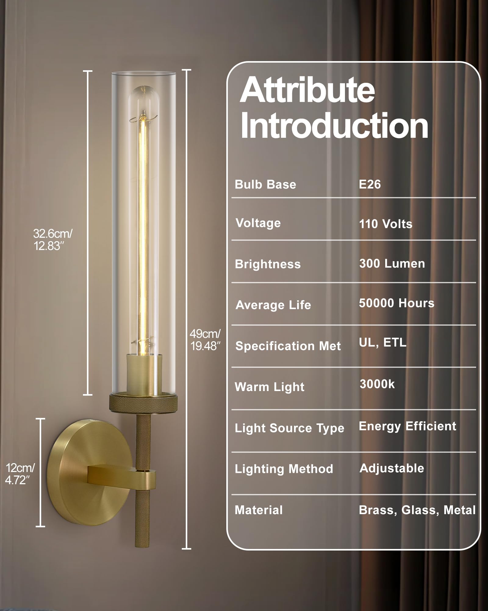 Zhtiechui Brass Wall Sconces Set Of Two, Glass Tube Sconces Wall Lighting, Gold Bathroom Vanity Light Fixtures, Wall Lights For