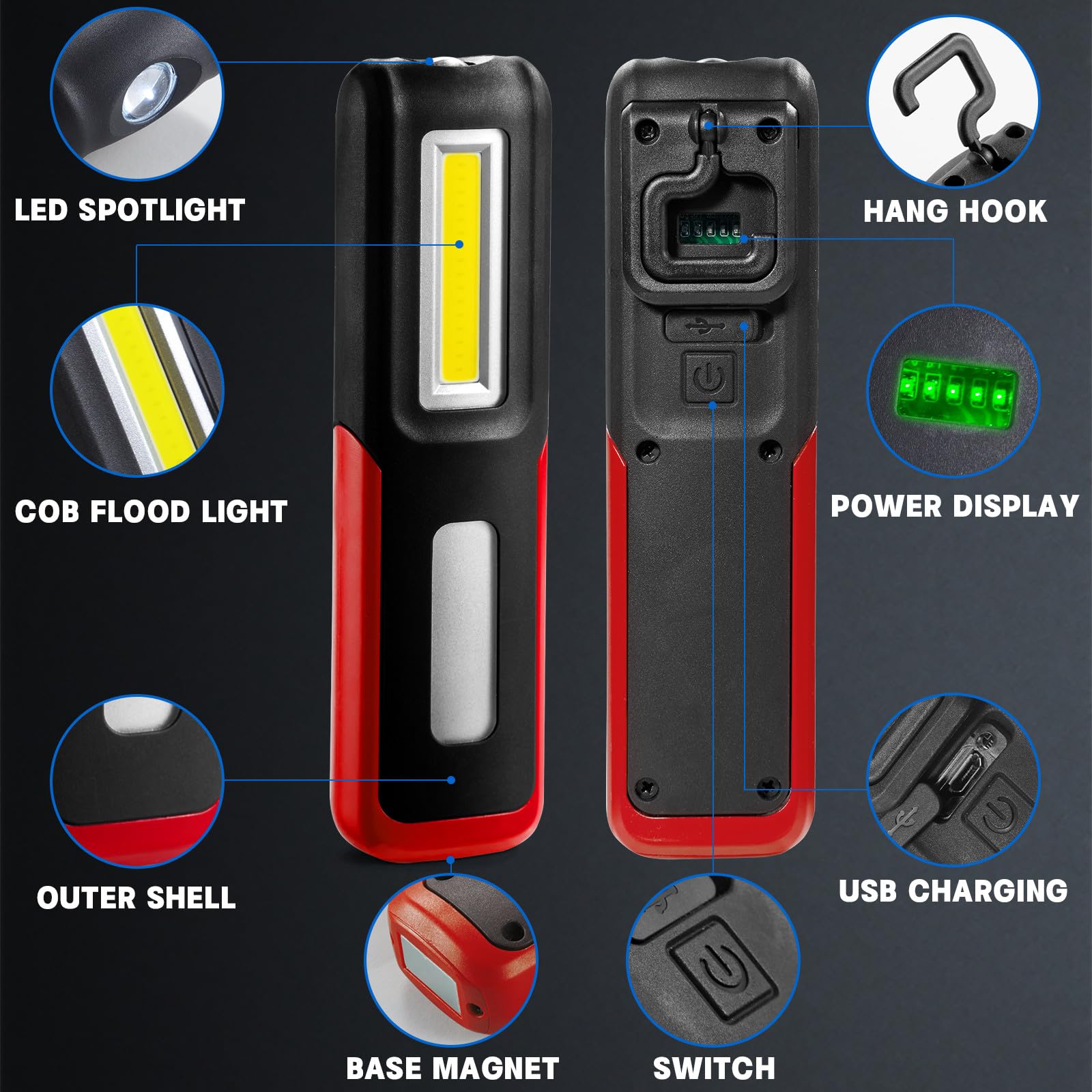 Shinrow Rechargeable Led Work Light With Magnetic Base Portable Task Inspection Trouble Lights Lamp Is Small And Reliable And Super Bright, For Tool Gifts For Men(Red)