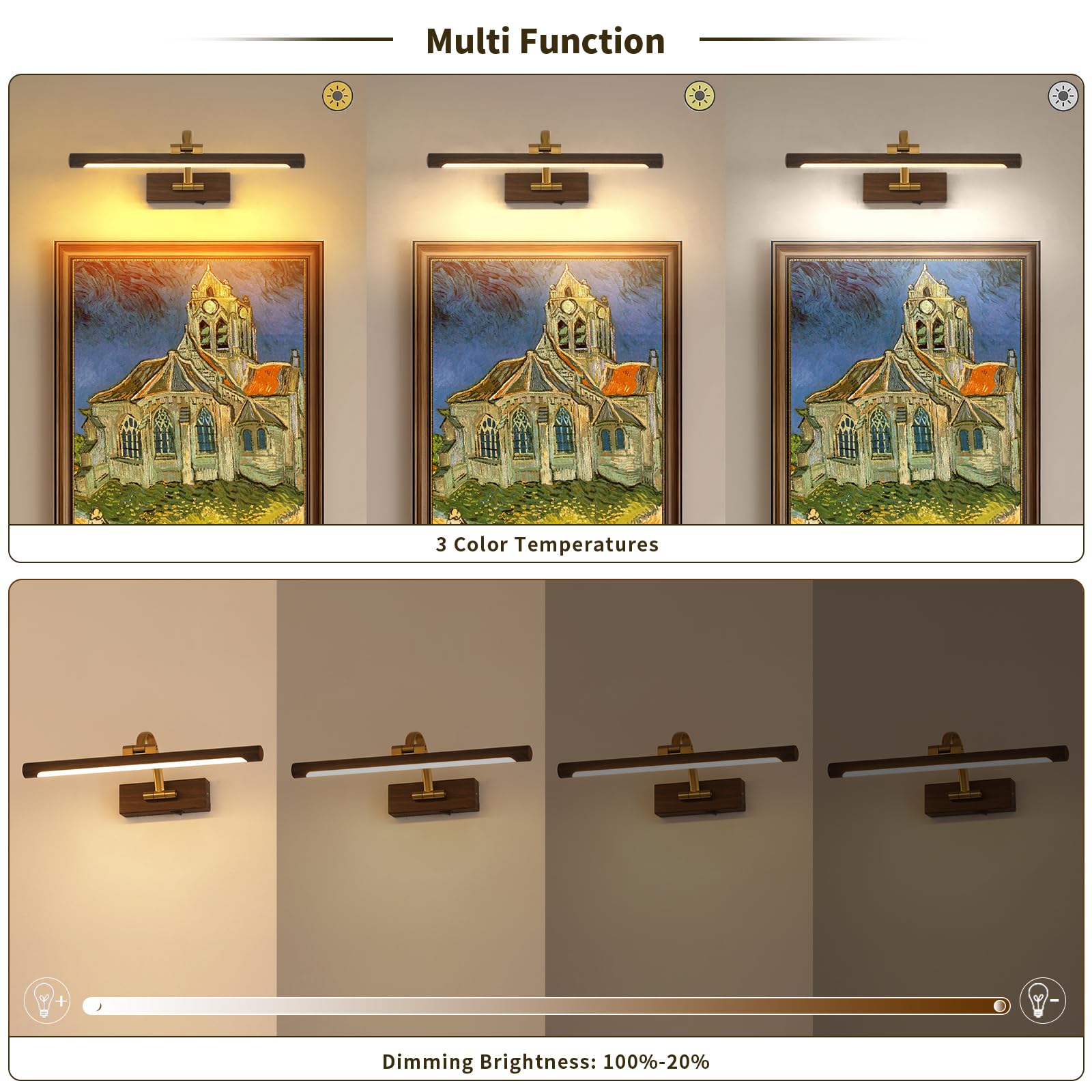 DESOOP Picture Light, Battery Operated, Dimmable, Remote & Timer, 15.75 Inch, Wood Grain Finish, Model 7115, Acrylic